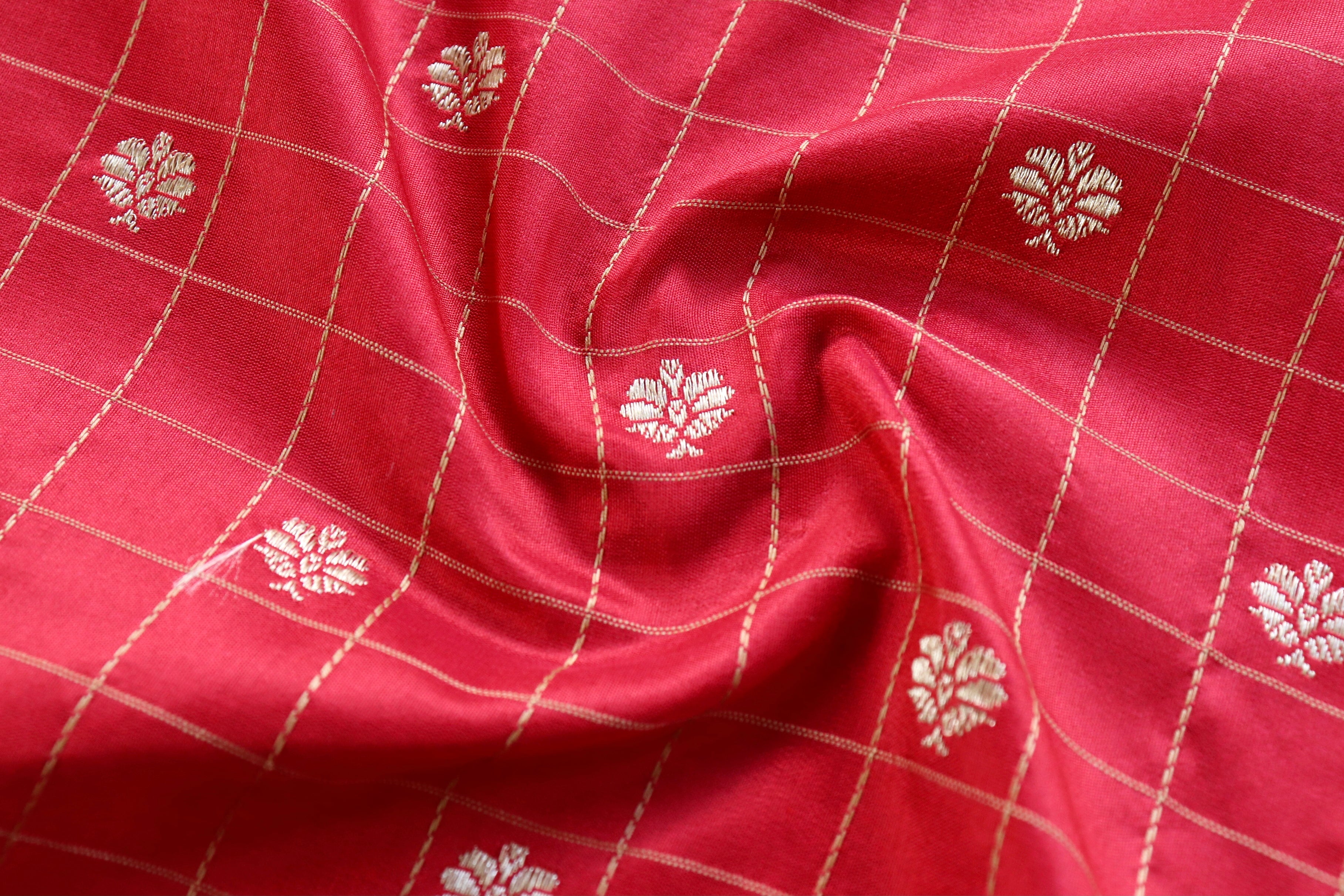 Red Check Pure Silk Handloom Banarasi Saree