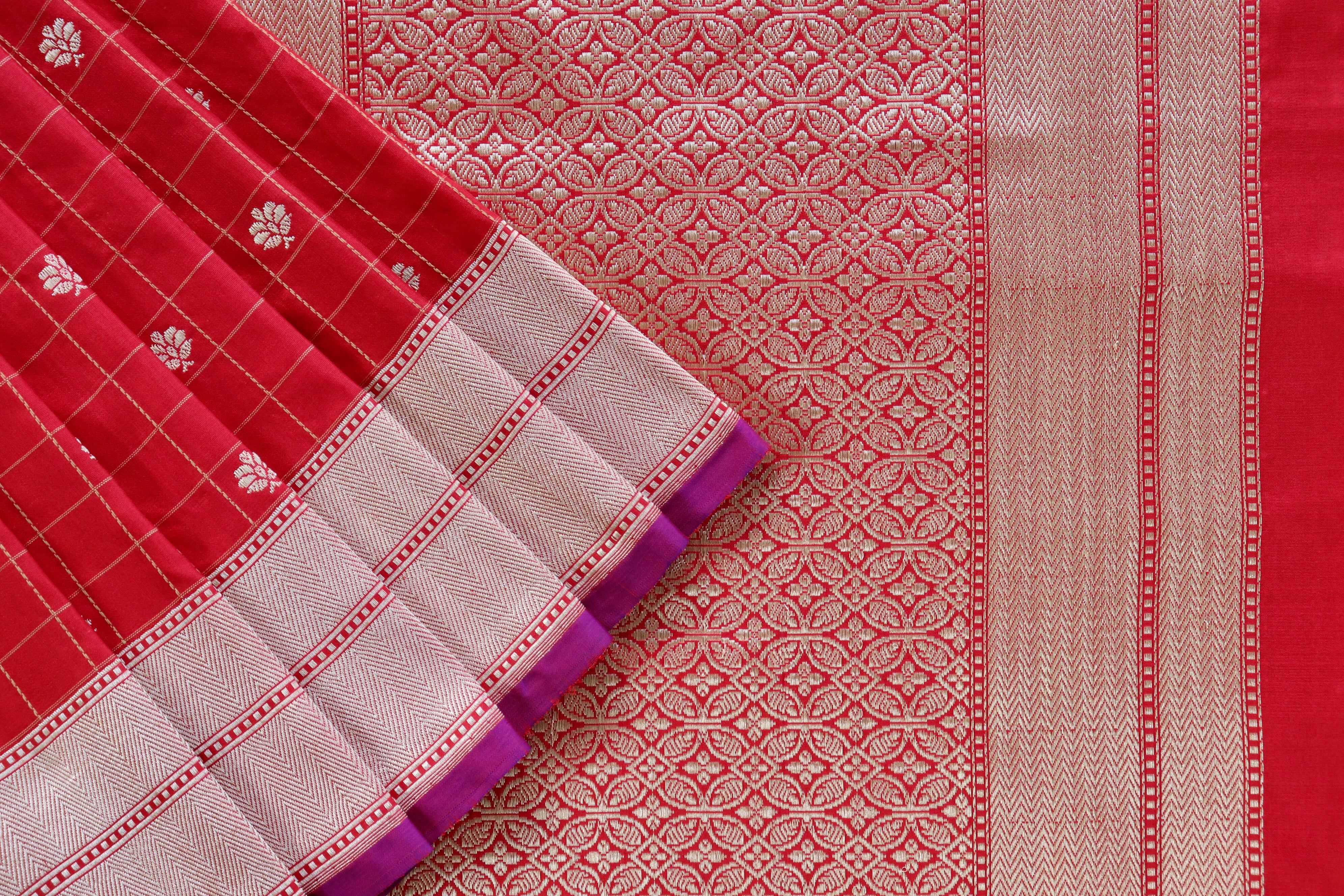 Red Check Pure Silk Handloom Banarasi Saree