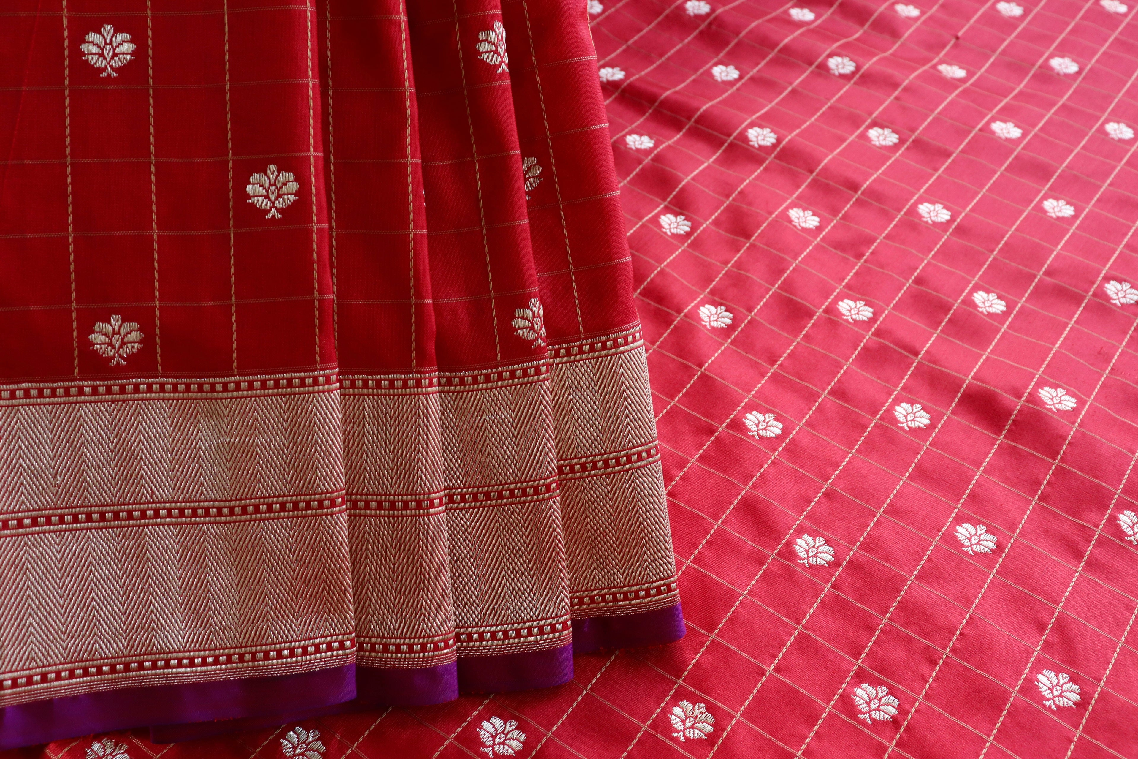 Red Check Pure Silk Handloom Banarasi Saree