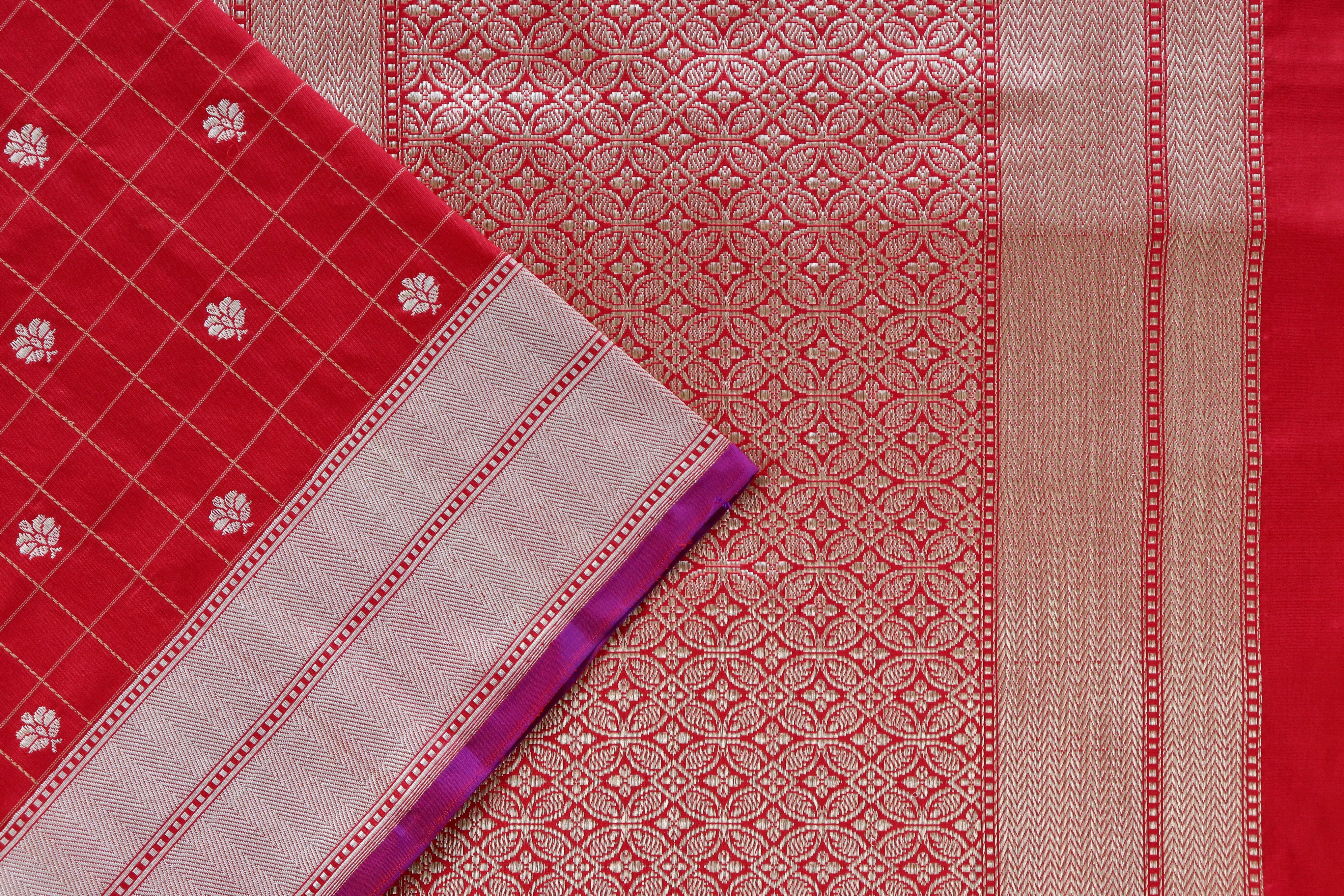 Red Check Pure Silk Handloom Banarasi Saree