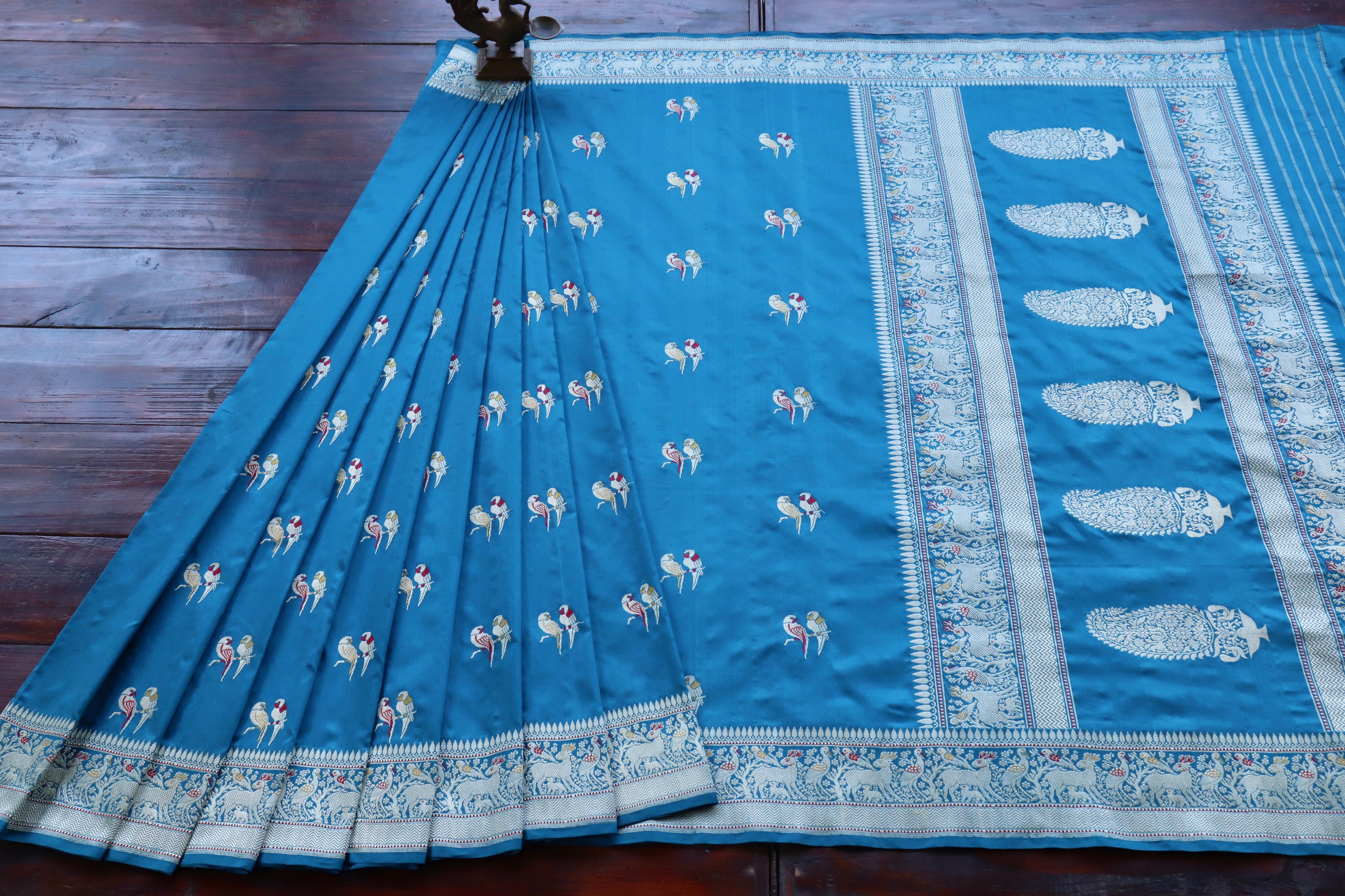 Azure Blue Bird Motif Pure Silk Handloom Banarasi Saree