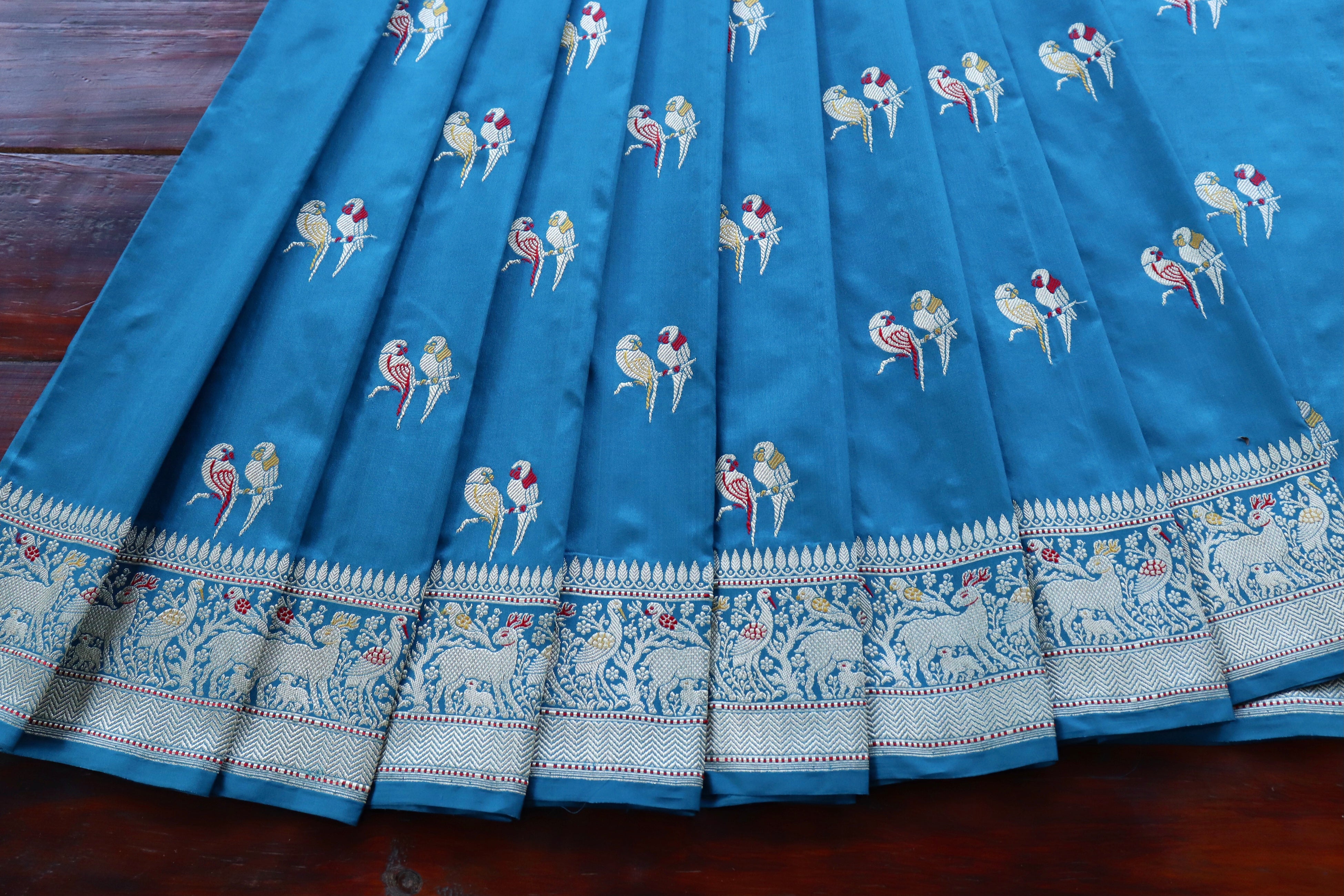 Azure Blue Bird Motif Pure Silk Handloom Banarasi Saree