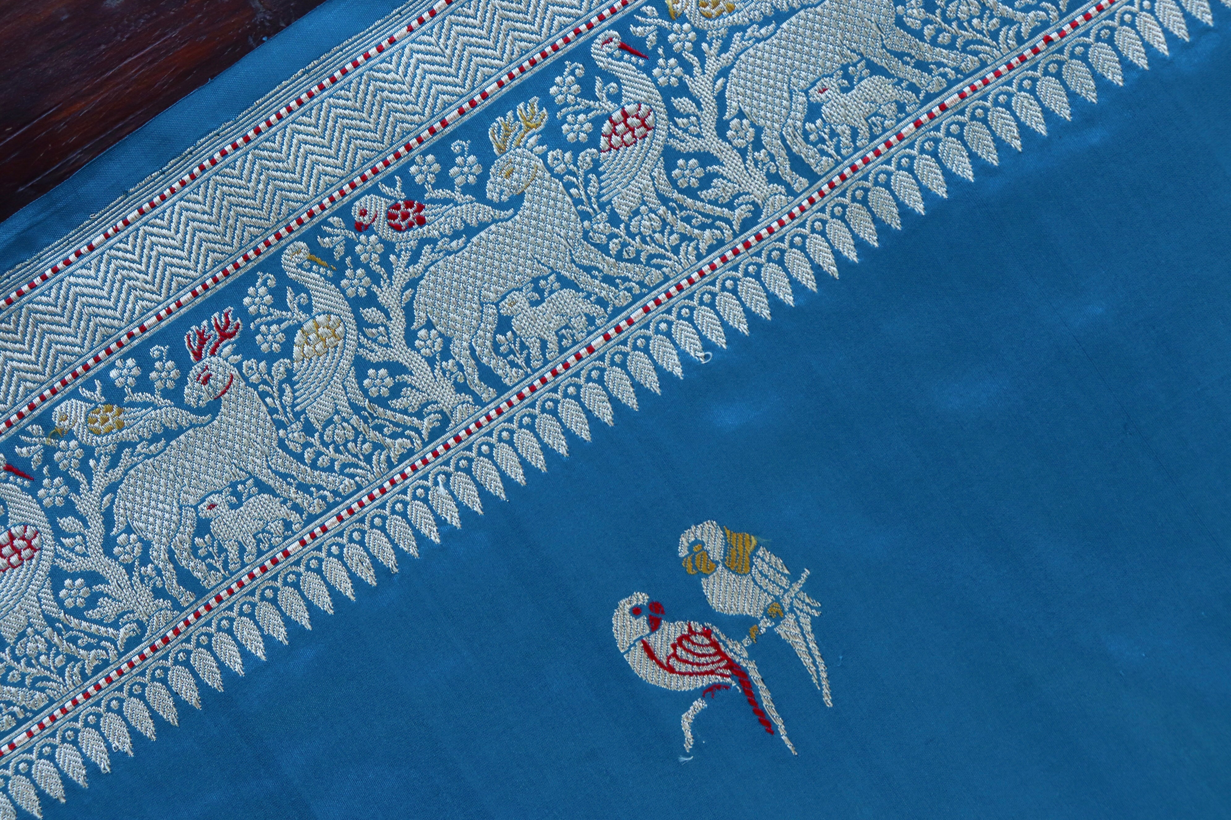 Azure Blue Bird Motif Pure Silk Handloom Banarasi Saree