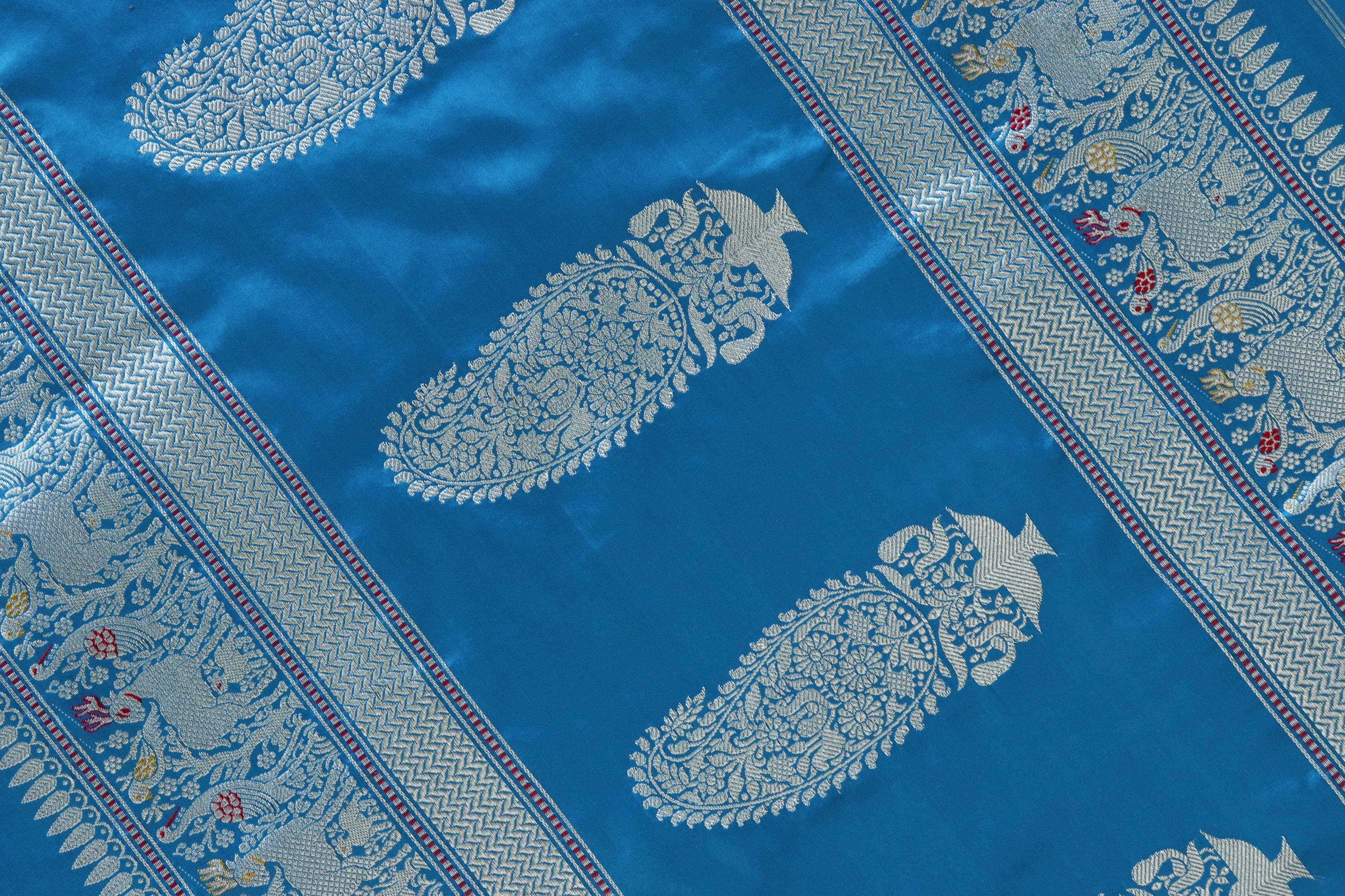 Azure Blue Bird Motif Pure Silk Handloom Banarasi Saree