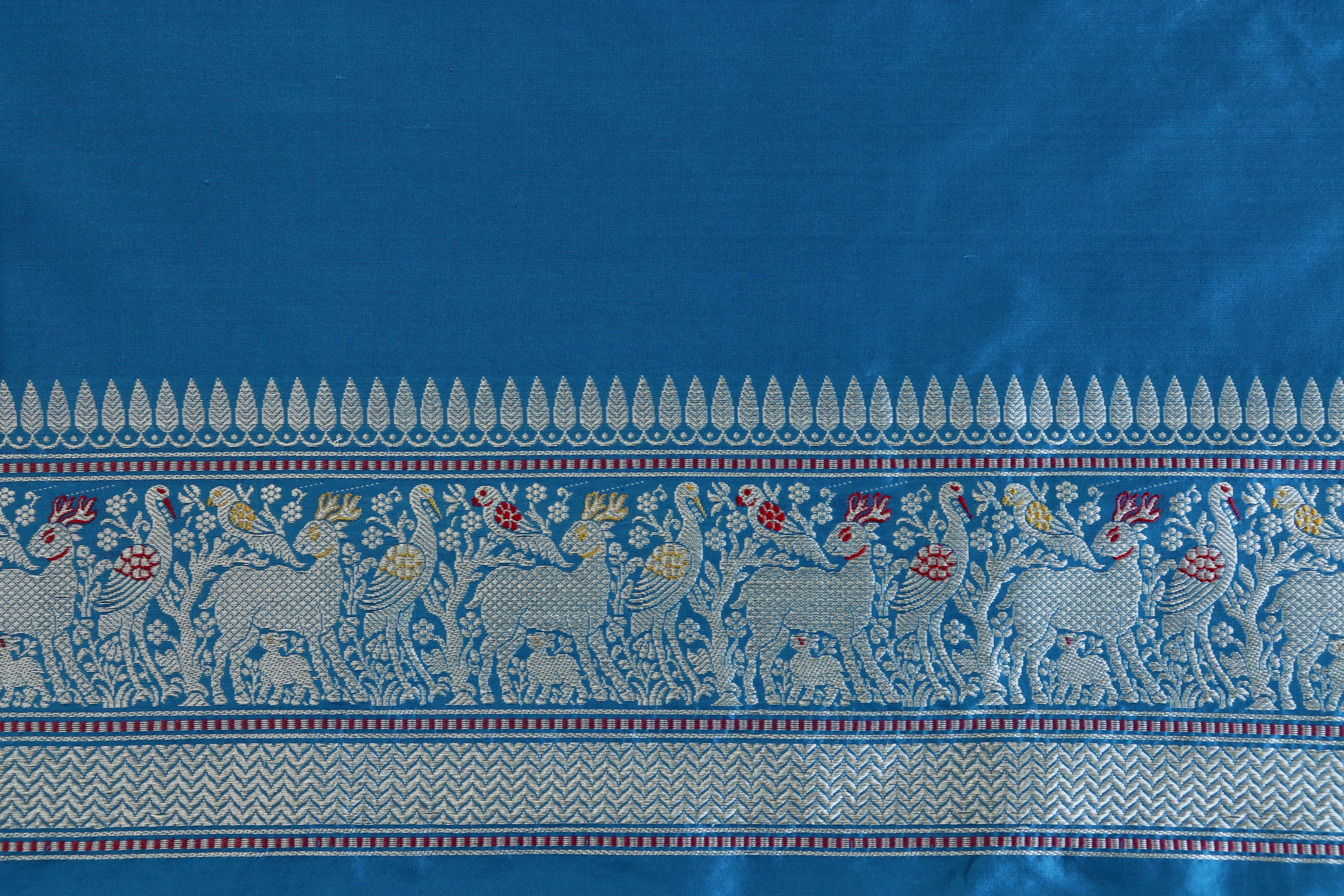 Azure Blue Bird Motif Pure Silk Handloom Banarasi Saree