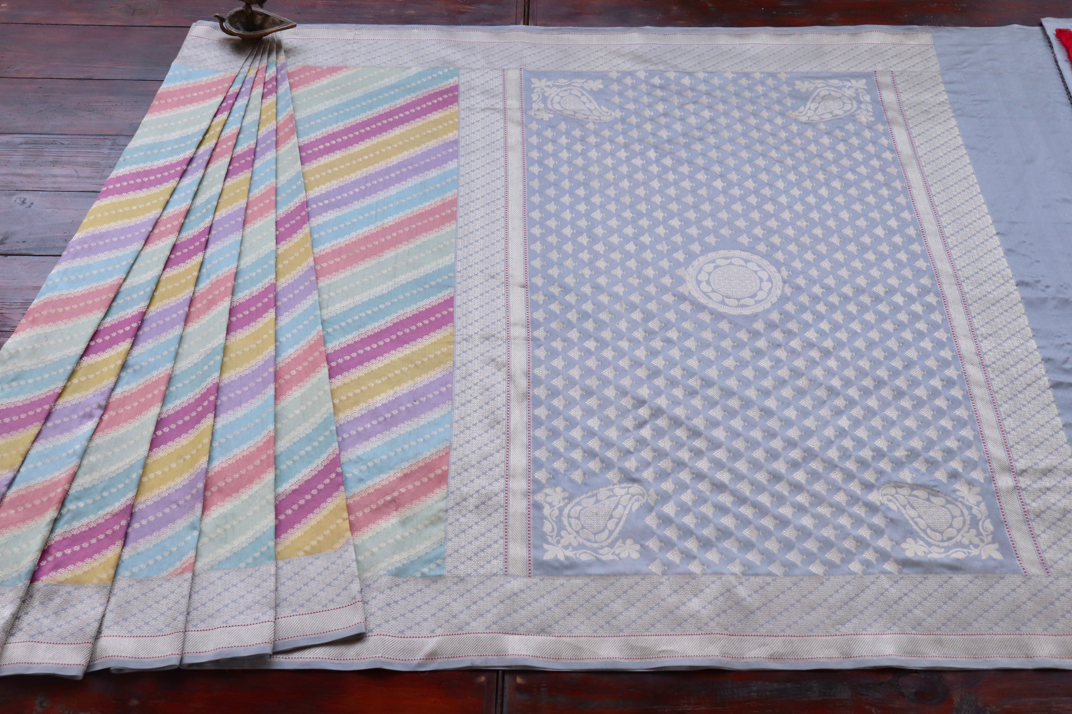 Multicolor Grey Banarasi Rangkaat Pure Silk Handloom Saree