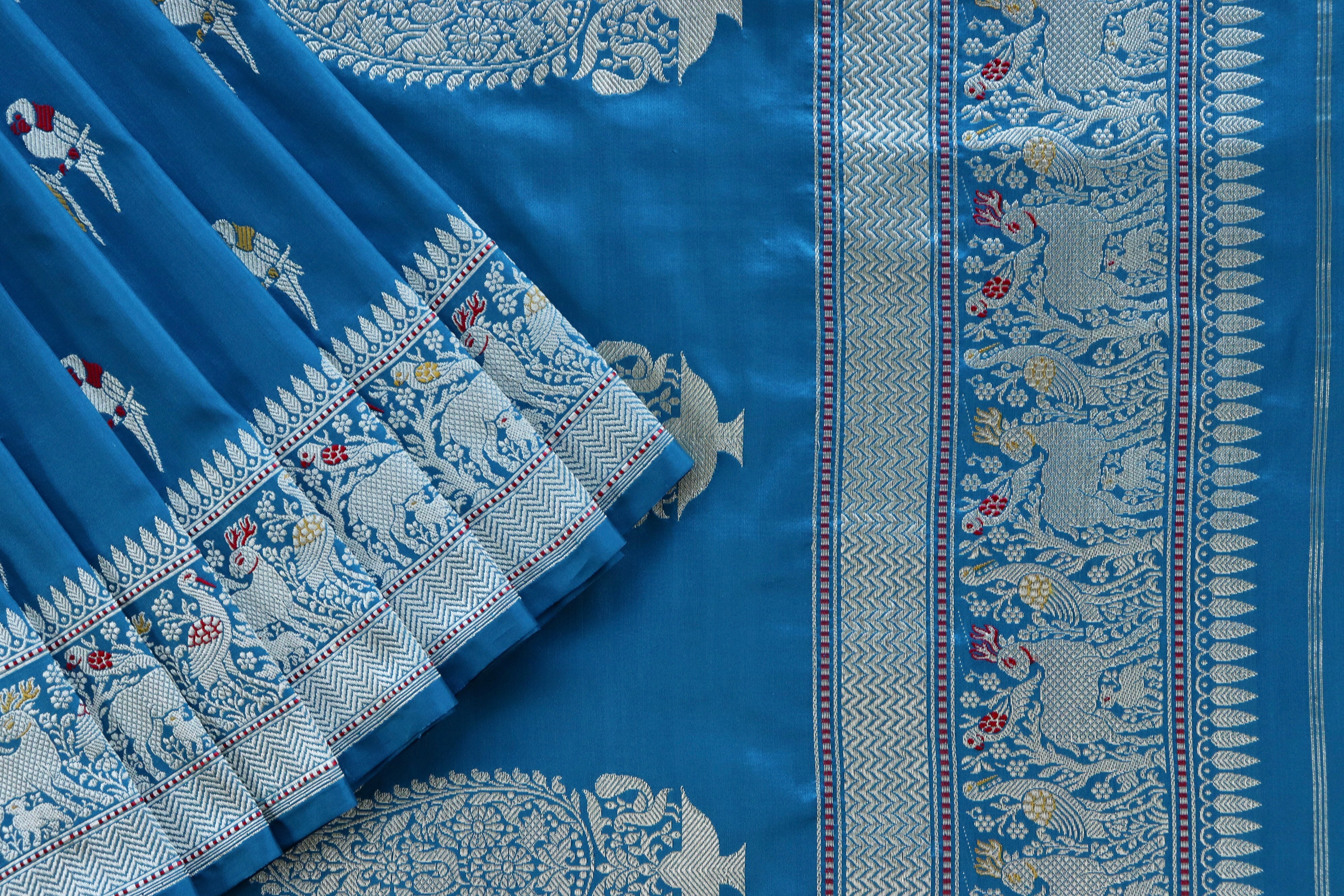 Azure Blue Bird Motif Pure Silk Handloom Banarasi Saree