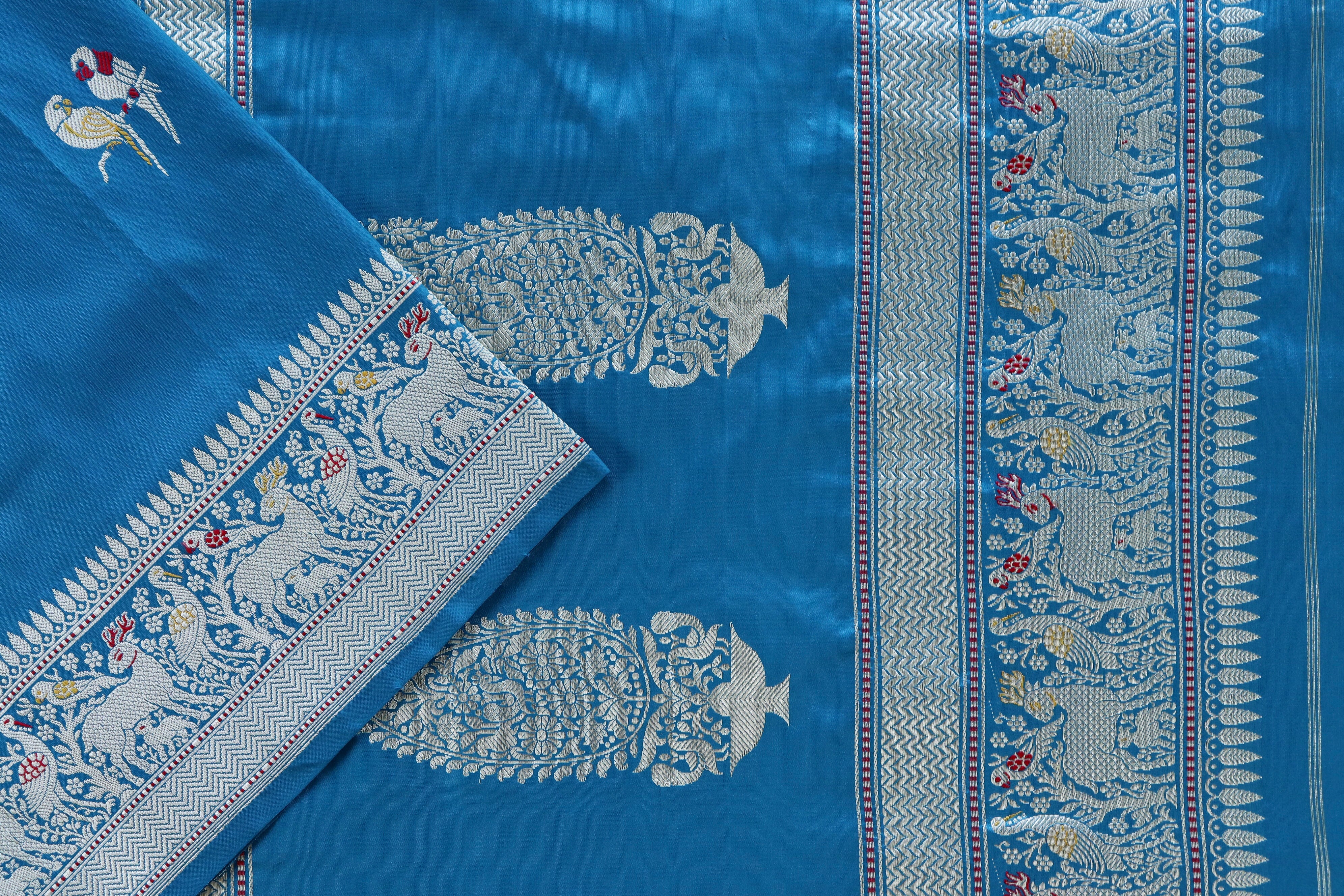 Azure Blue Bird Motif Pure Silk Handloom Banarasi Saree