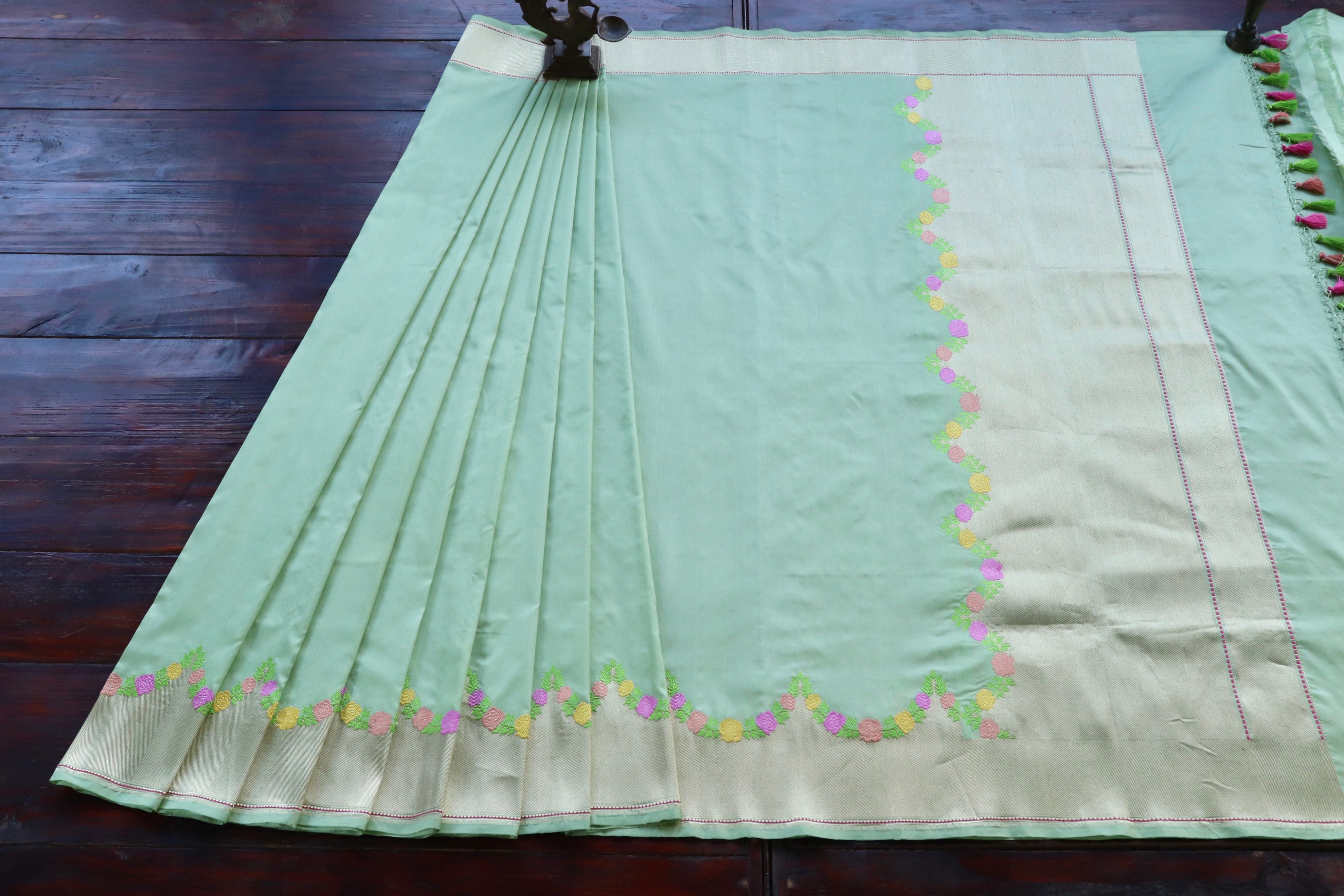 Mint Green Yellow Floral Border Pure Silk Handloom Banarasi Saree