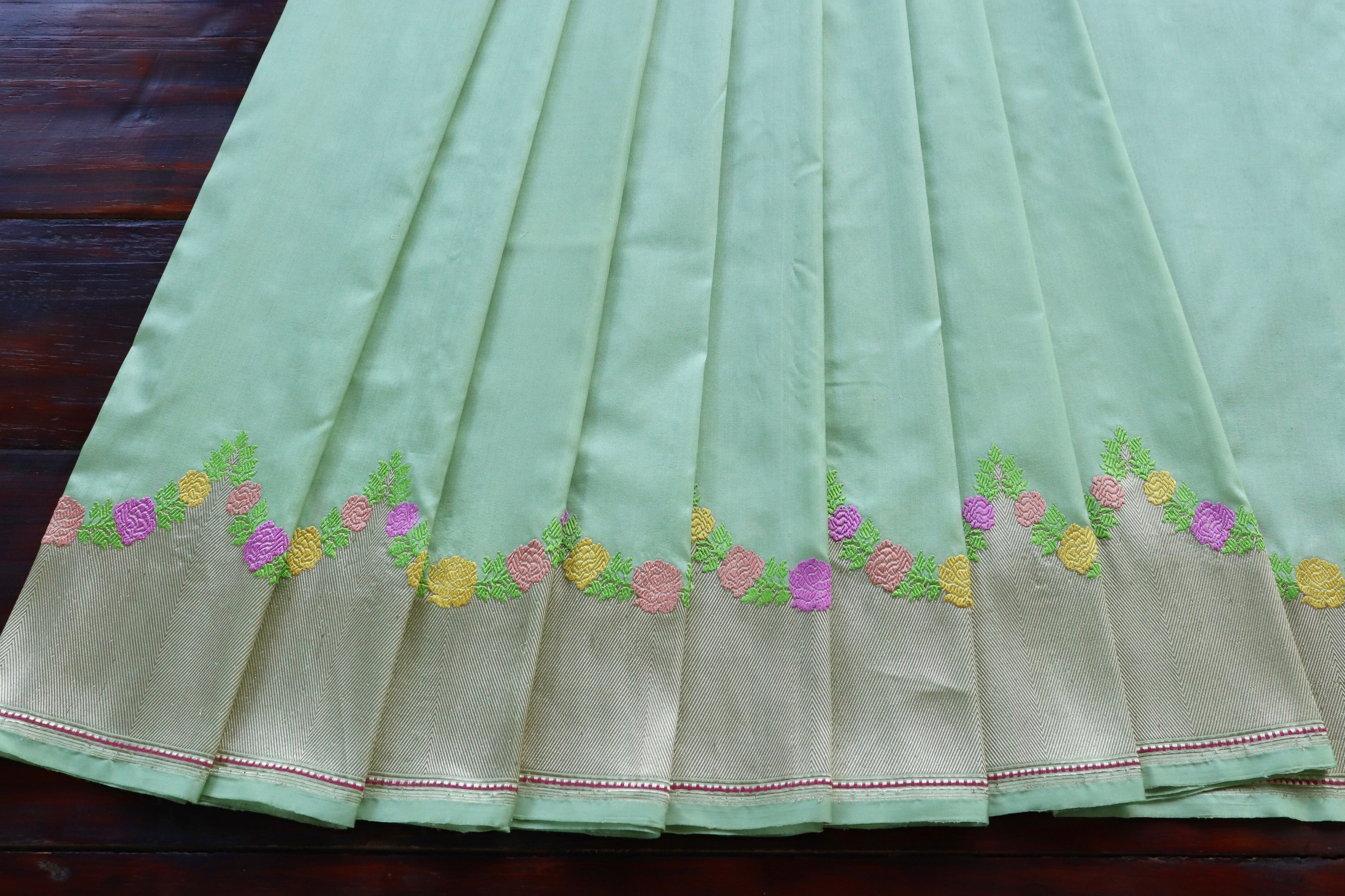 Mint Green Yellow Floral Border Pure Silk Handloom Banarasi Saree