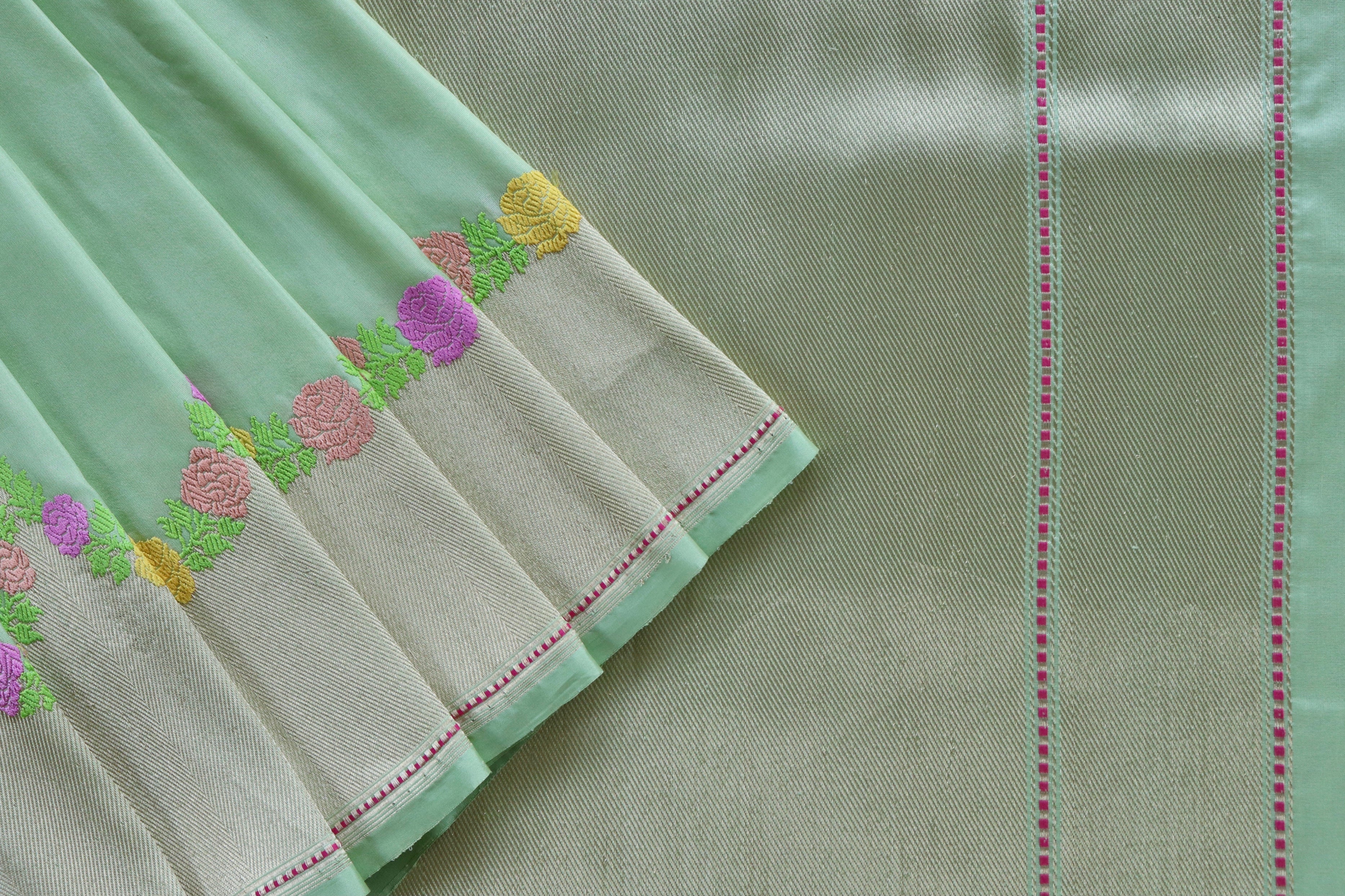 Mint Green Yellow Floral Border Pure Silk Handloom Banarasi Saree