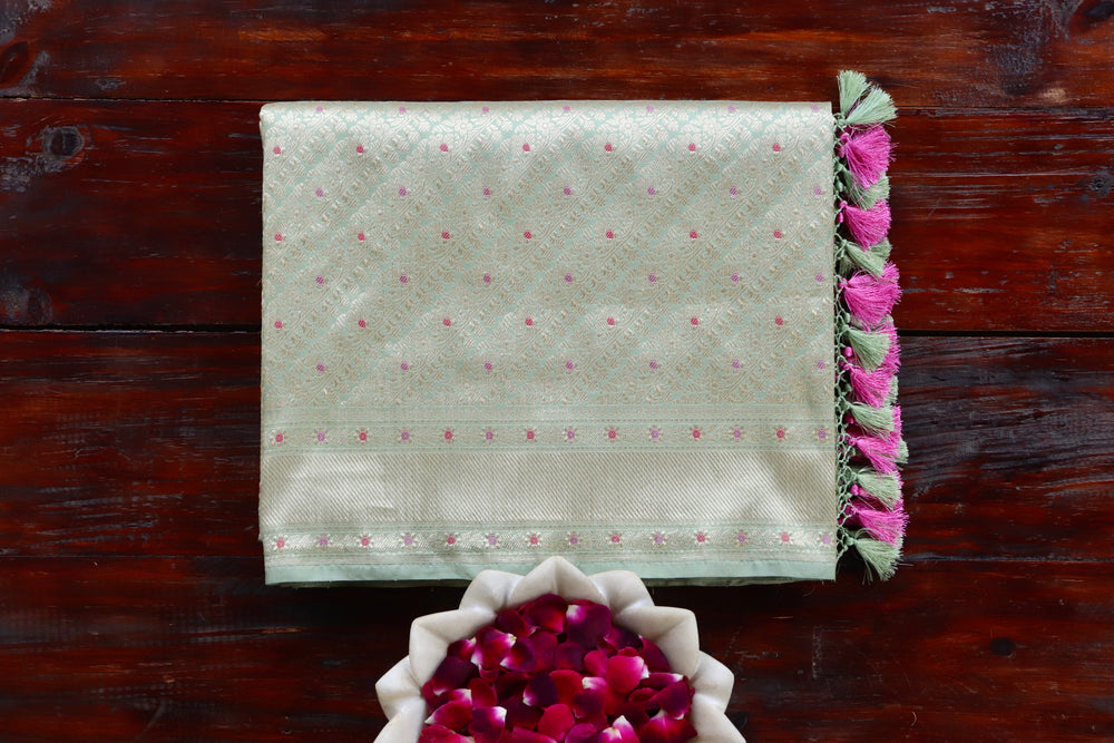 Lime Green handloom Banarsi saree with tanchoi motifs in pure silk