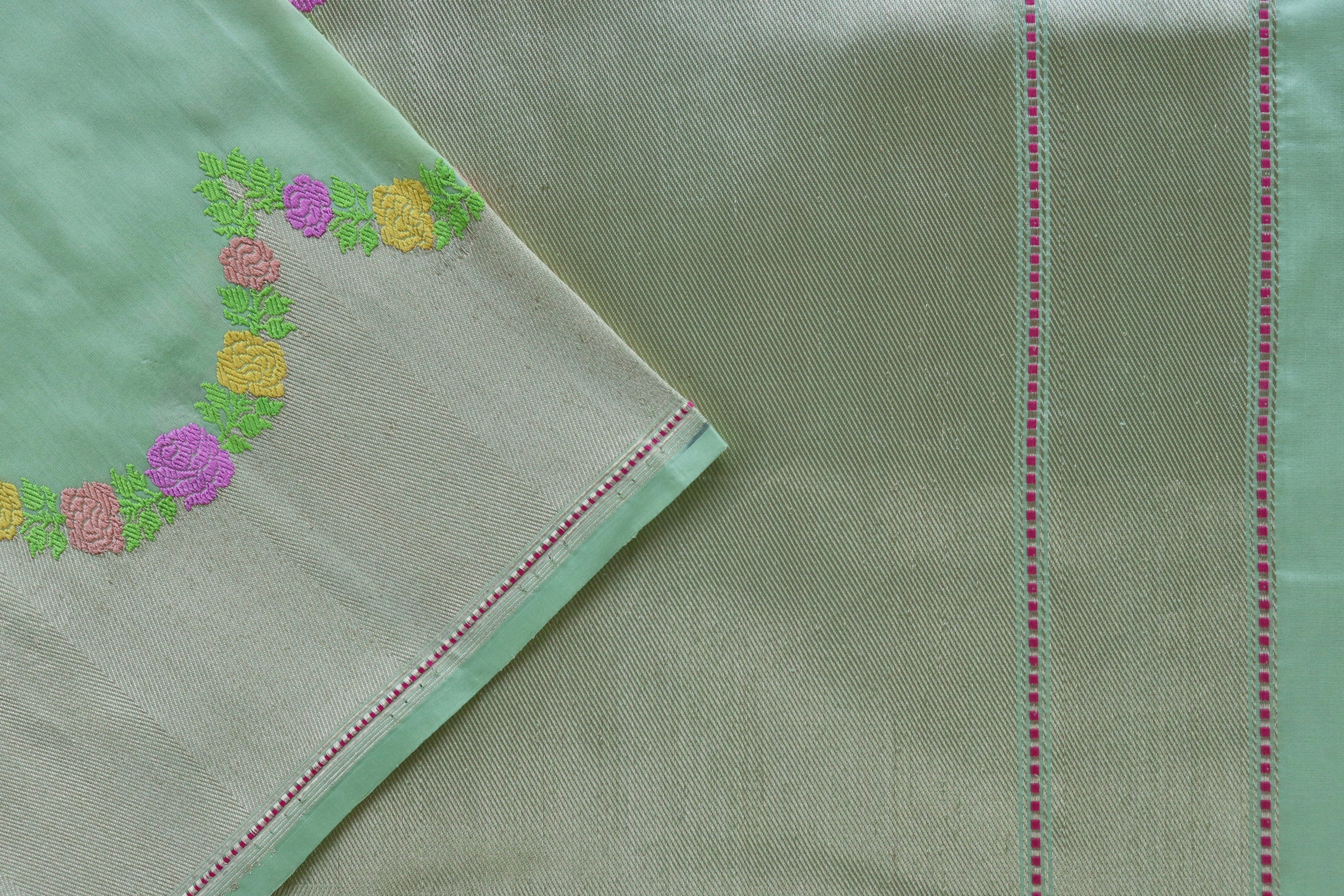 Mint Green Yellow Floral Border Pure Silk Handloom Banarasi Saree