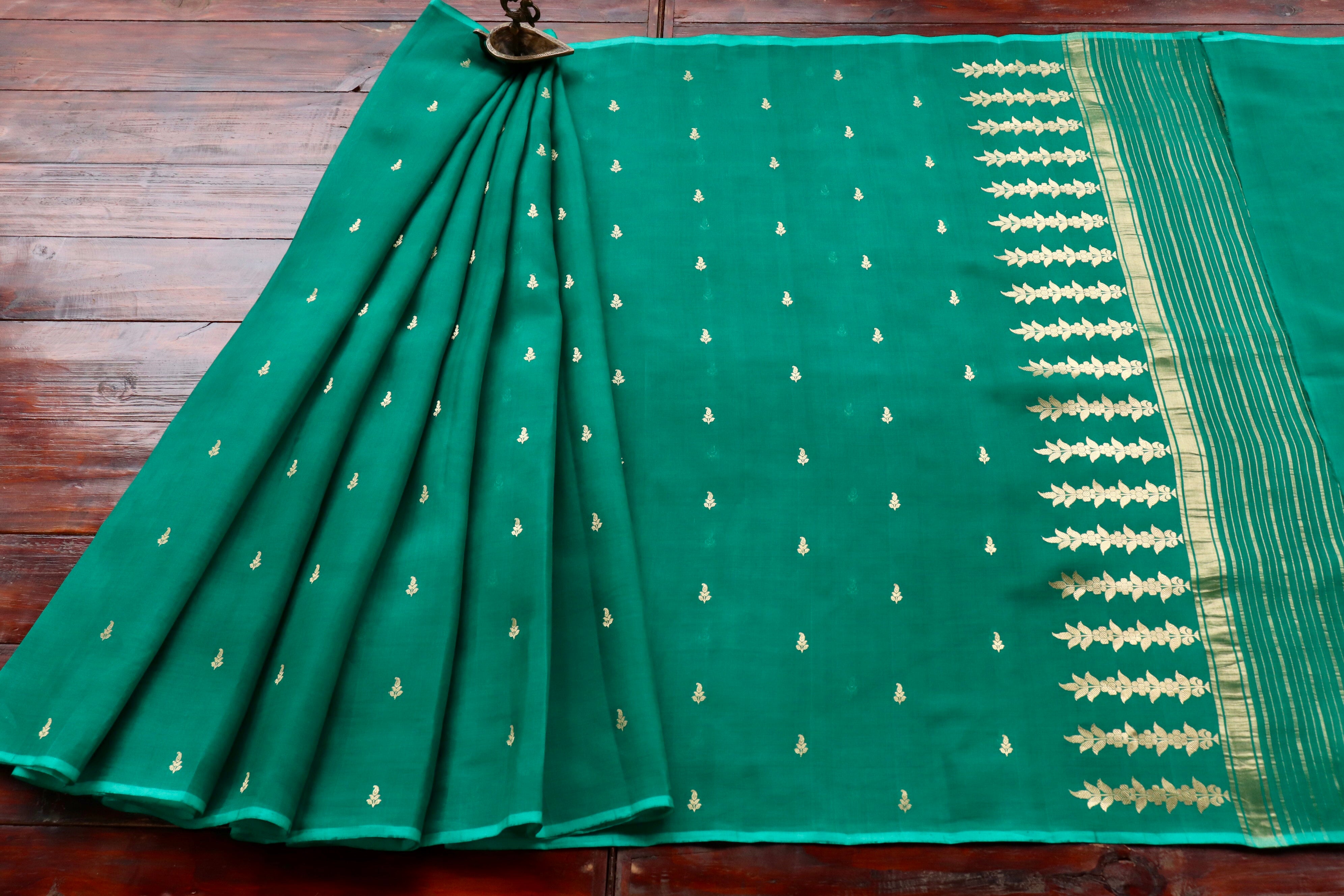 Rama Green Virsa Handwoven Banarasi Kora Silk Saree