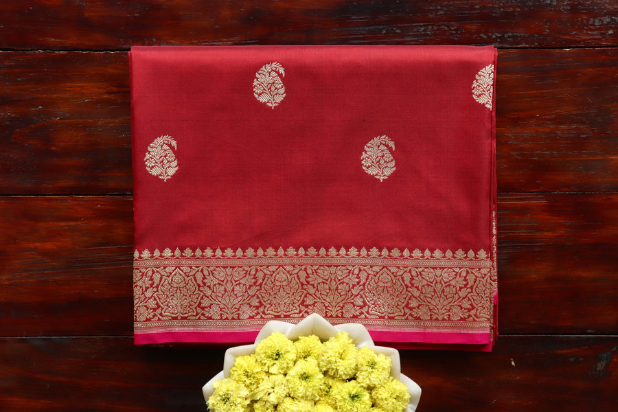 Maroon Kairy Motif pure silk handloom Banarasi saree draped for the camera