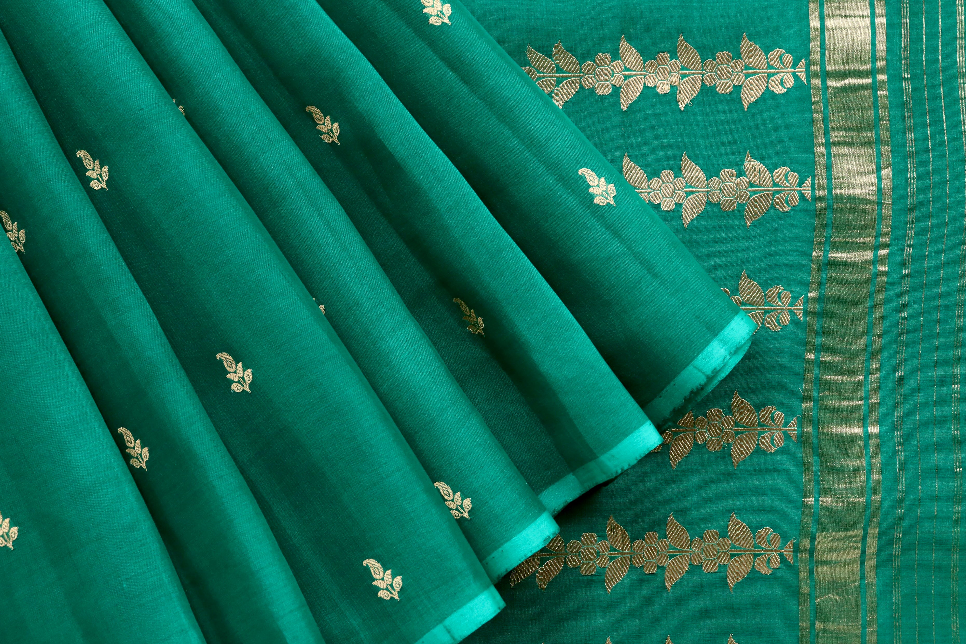 Rama Green Virsa Handwoven Banarasi Kora Silk Saree