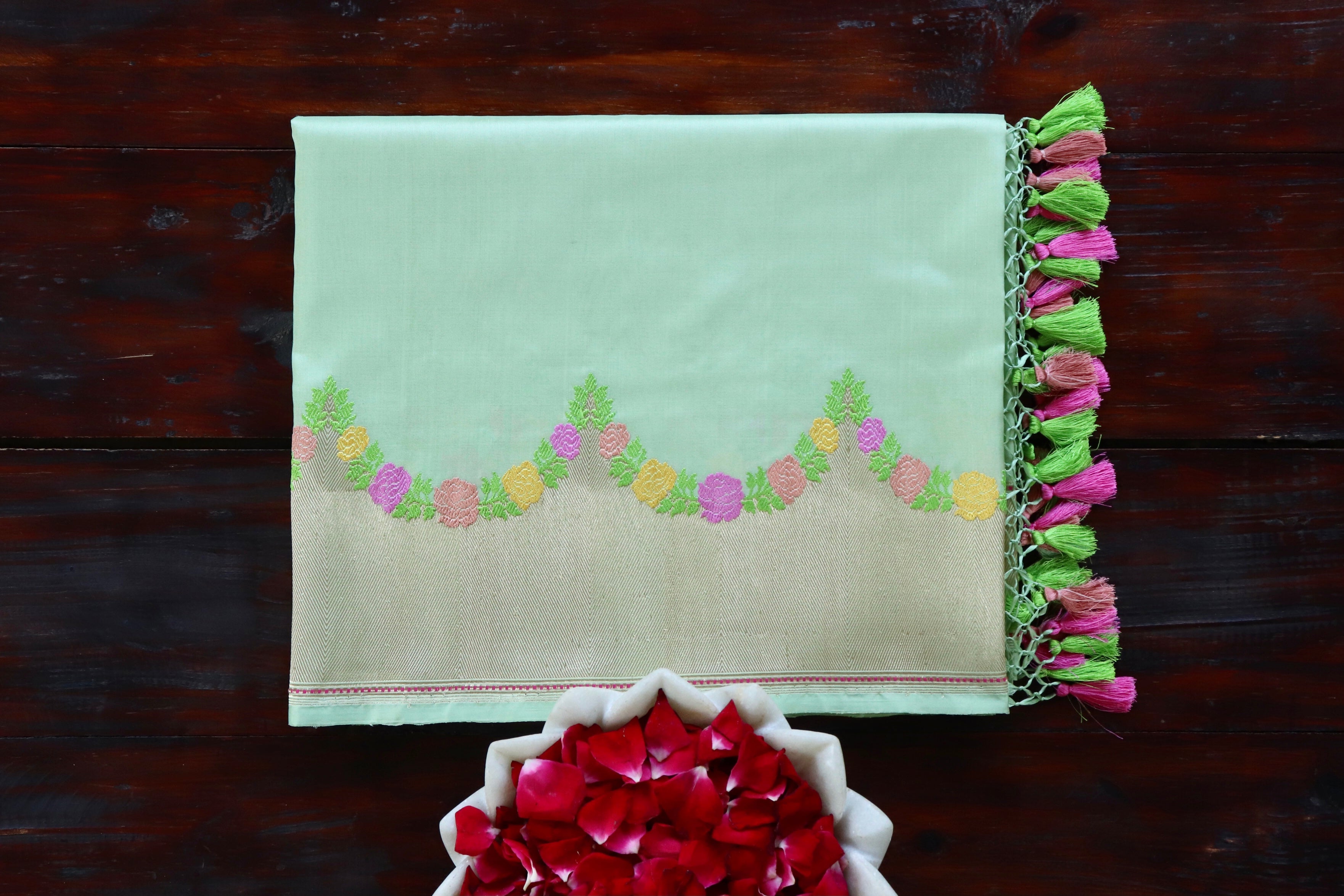 Mint Green Yellow Floral Border Pure Silk Handloom Banarasi Saree