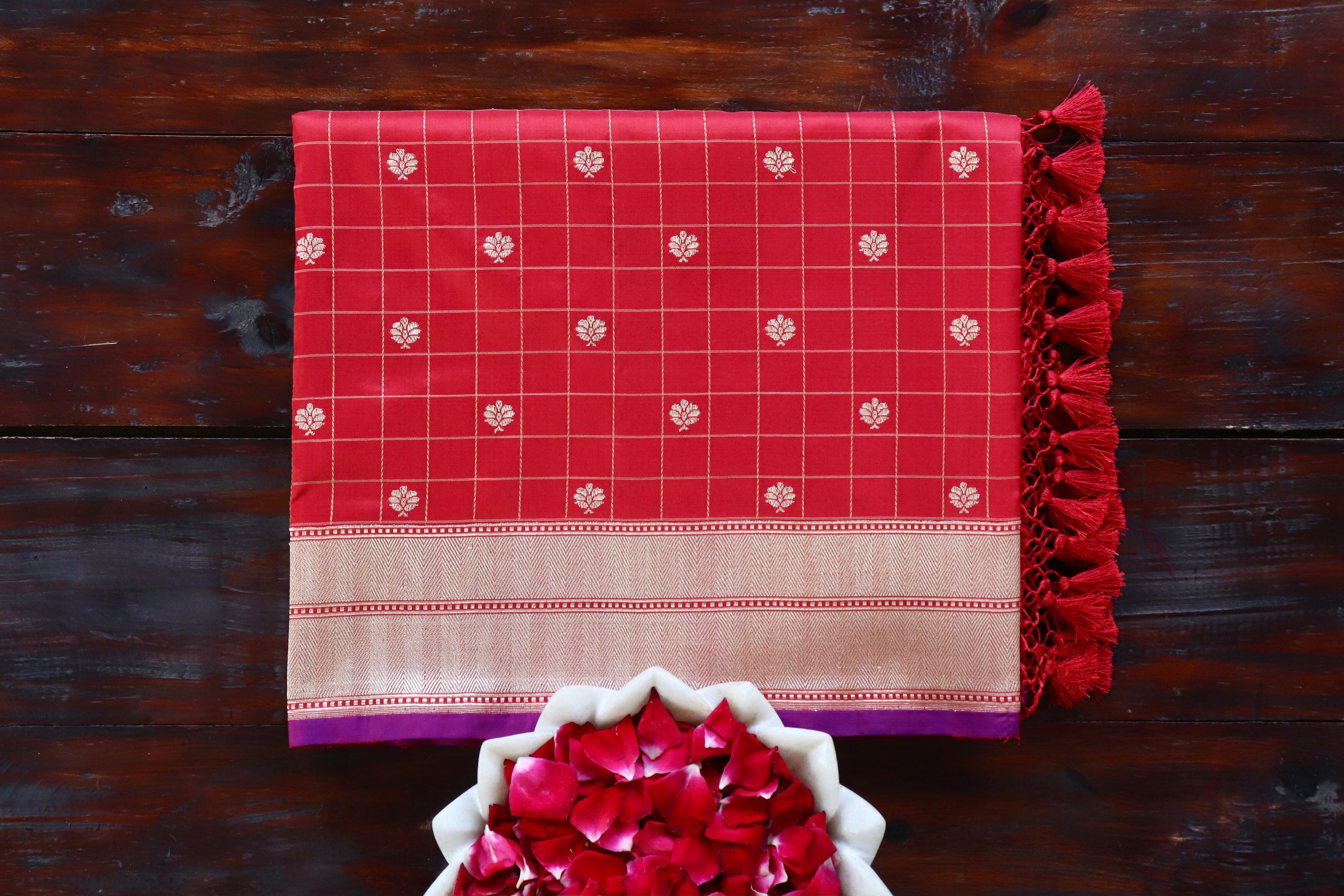 Red Check Pure Silk Handloom Banarasi Saree