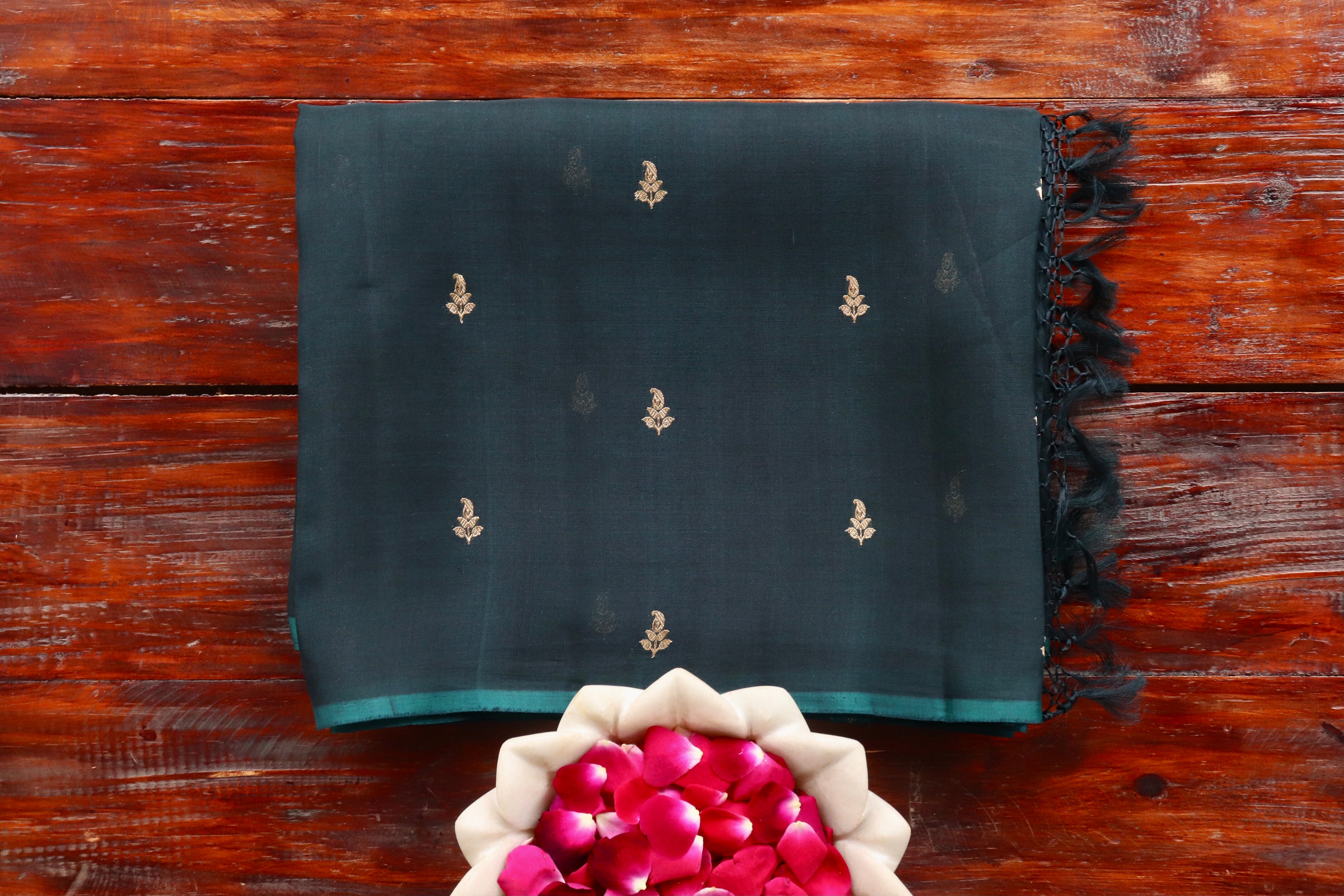 Deep Green Virsa Handwoven Banarasi Kora Silk Saree