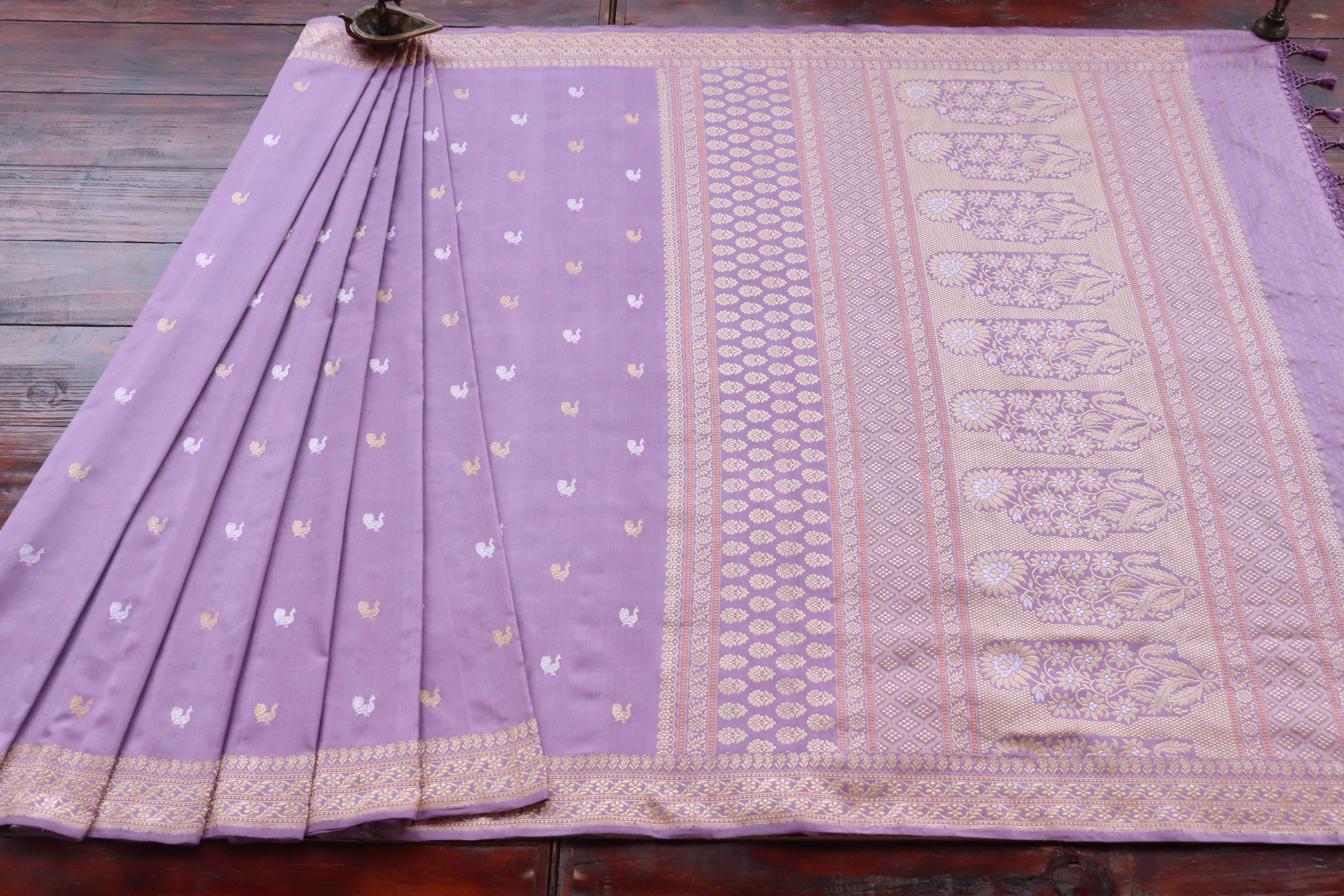 Lilac Peacock Motif Pure Silk Handloom Banarasi Saree