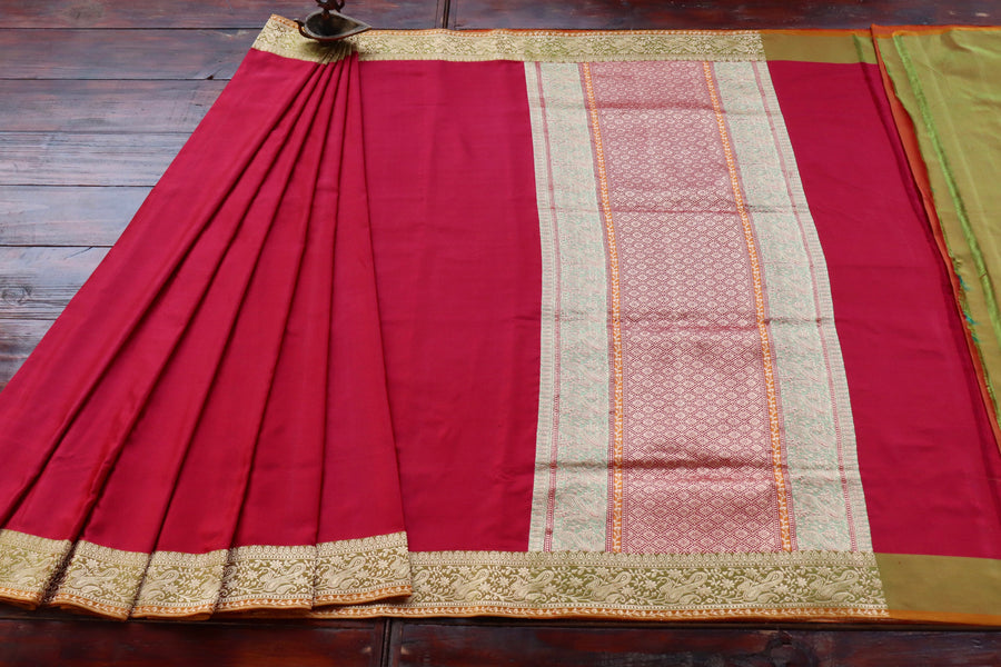 Red Banarasi Handwoven Satin Silk Saree