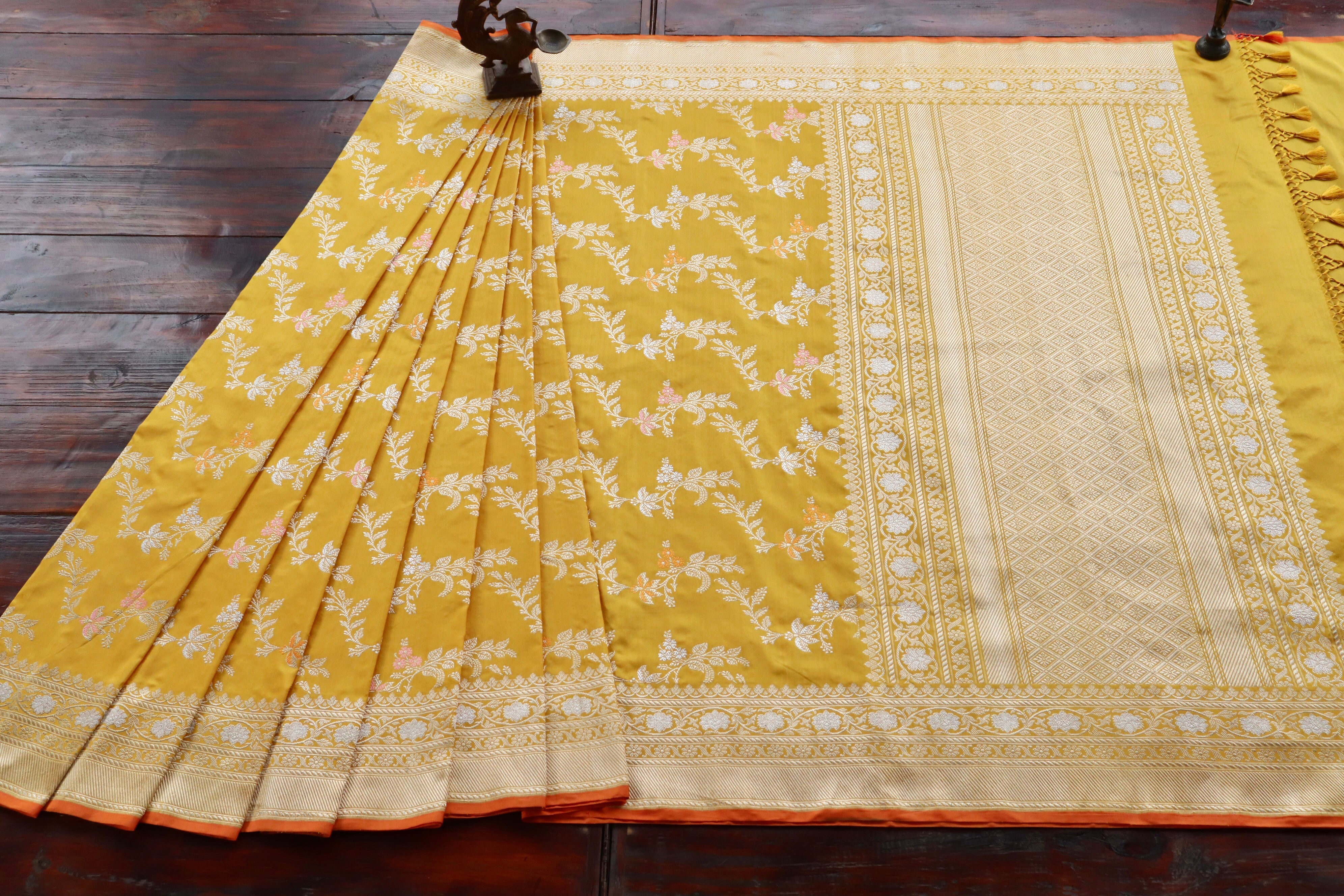 Yellow Meenadar Kadhua Phool Jangla Katan Silk Saree