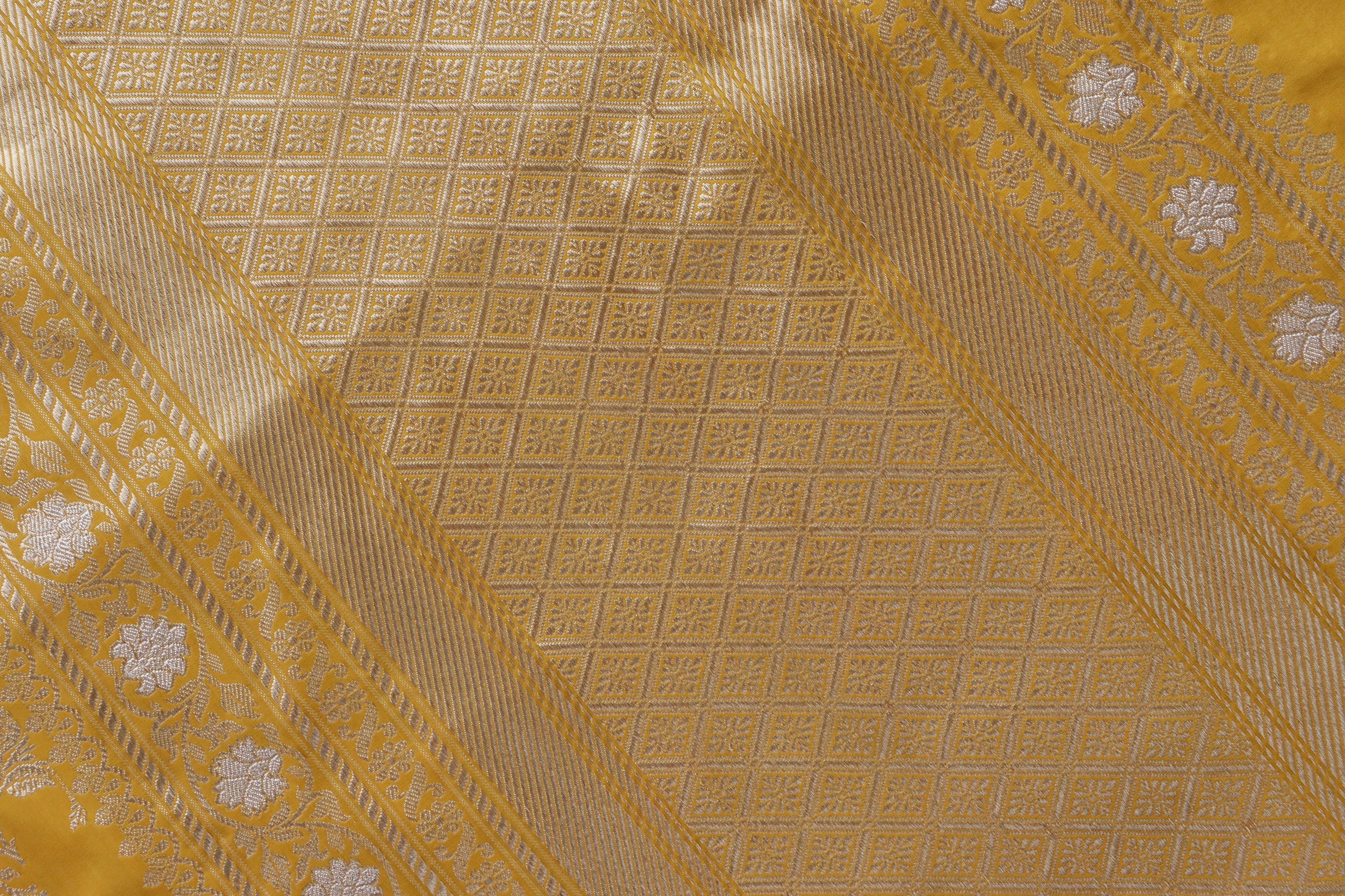 Yellow Meenadar Kadhua Phool Jangla Katan Silk Saree