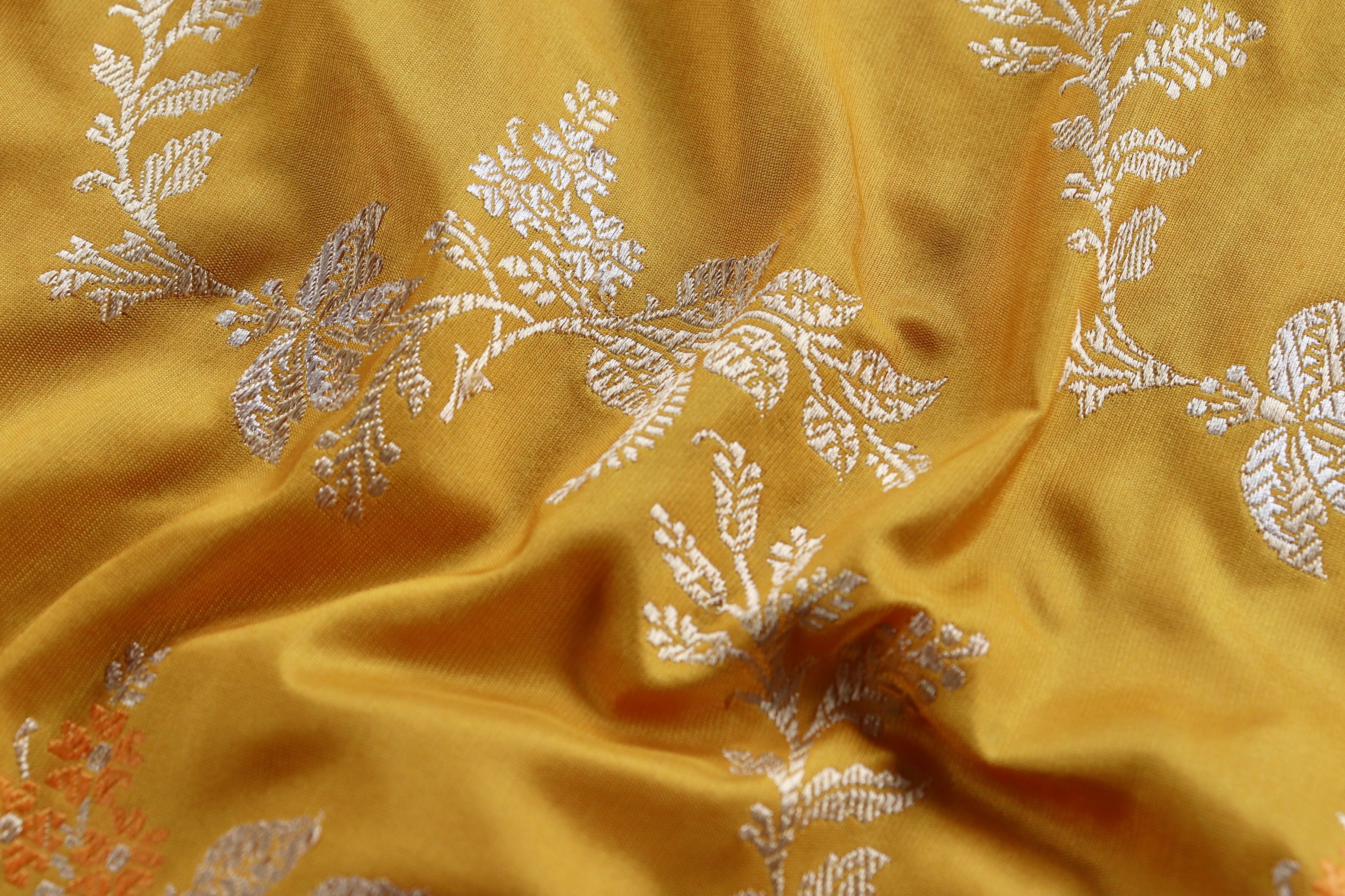 Yellow Meenadar Kadhua Phool Jangla Katan Silk Saree