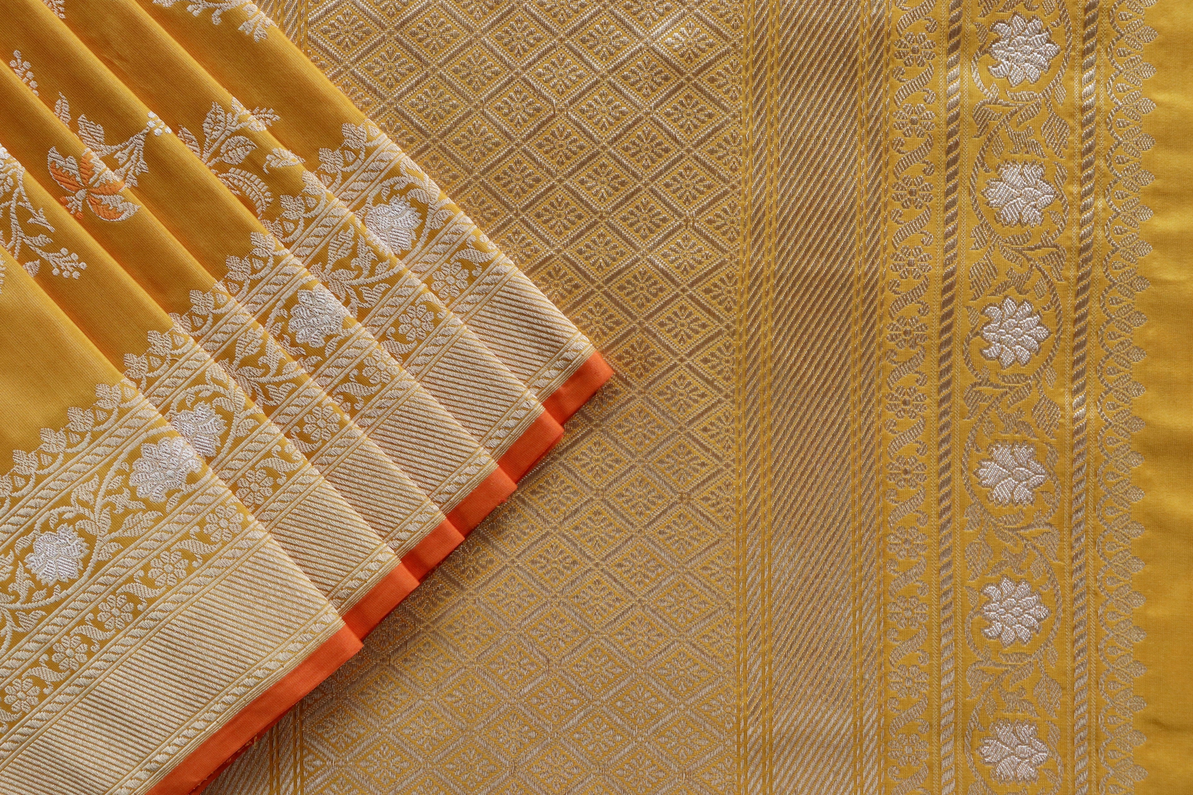 Yellow Meenadar Kadhua Phool Jangla Katan Silk Saree