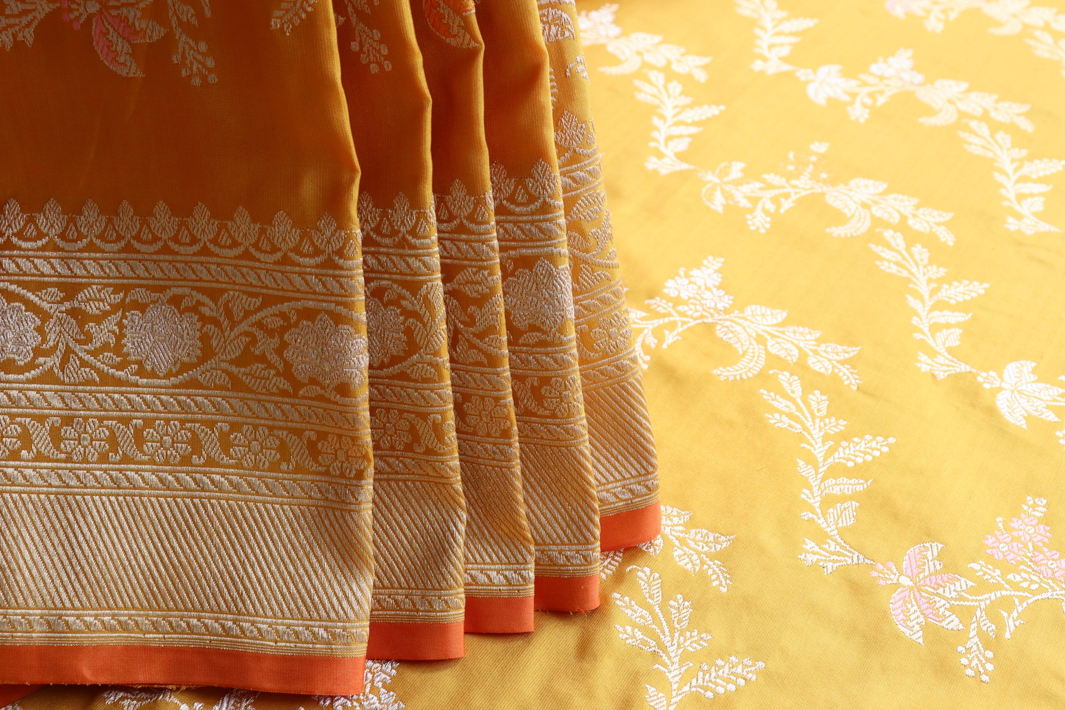 Yellow Meenadar Kadhua Phool Jangla Katan Silk Saree