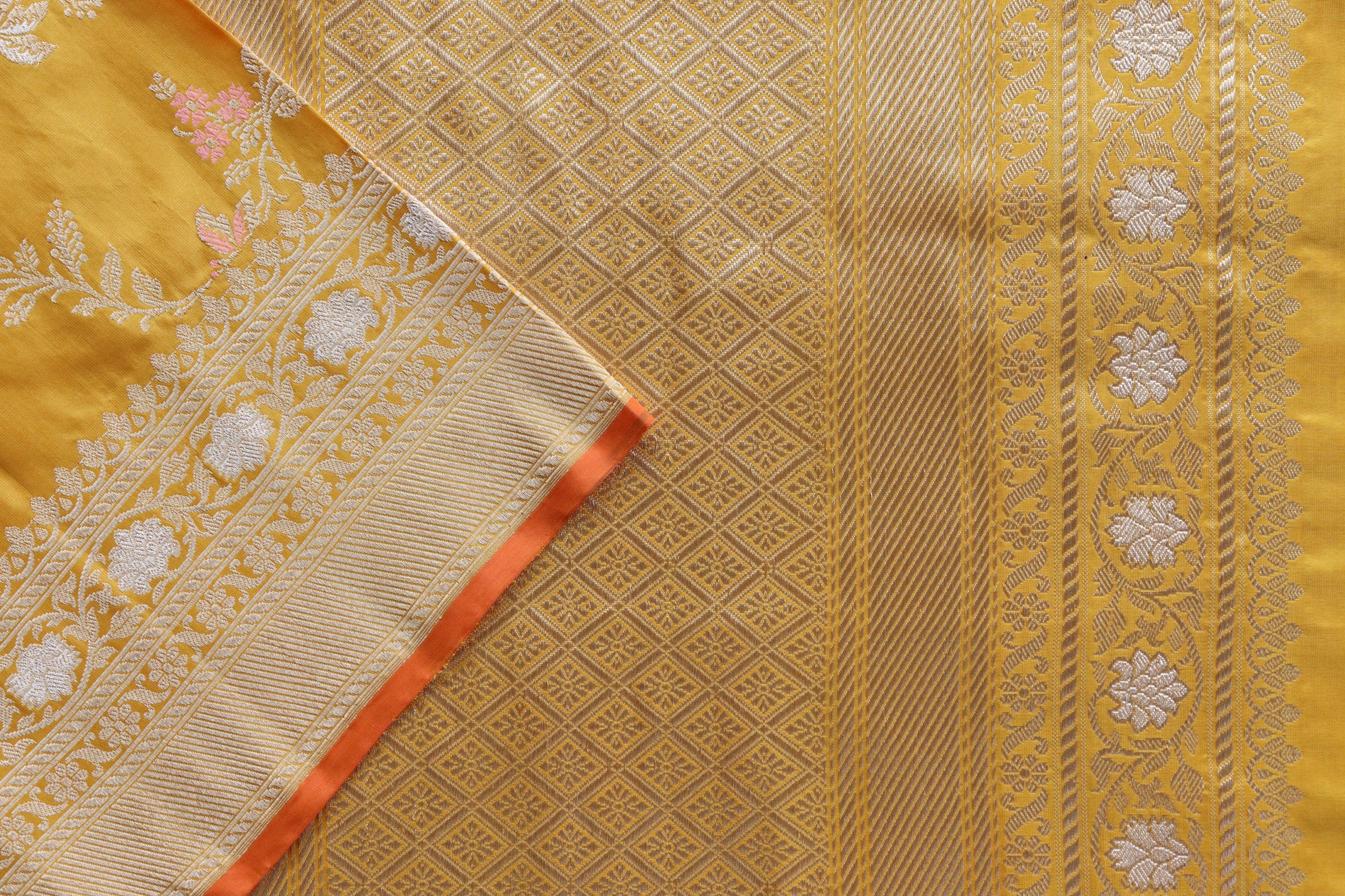 Yellow Meenadar Kadhua Phool Jangla Katan Silk Saree