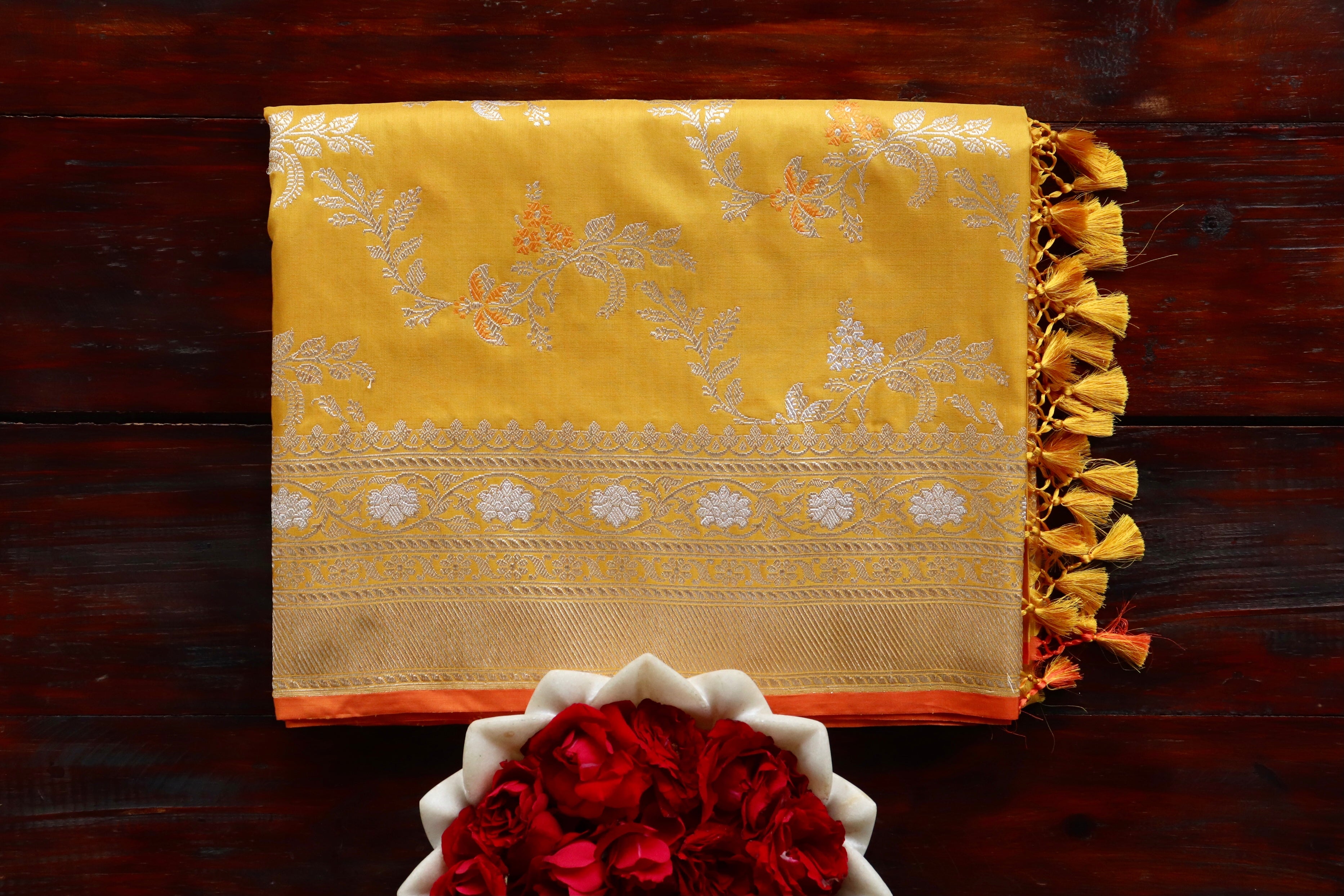 Yellow Meenadar Kadhua Phool Jangla Katan Silk Saree