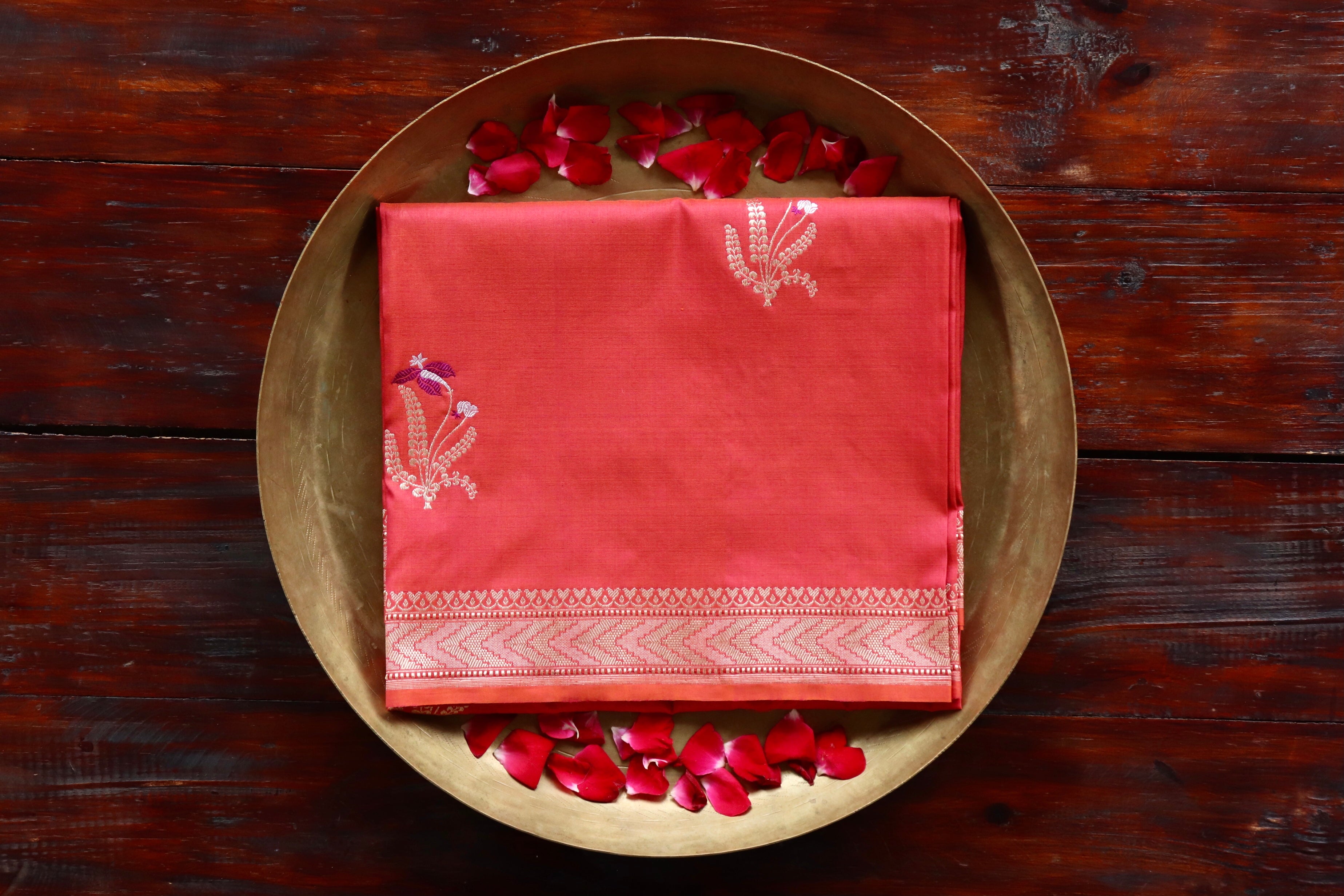 Rose Pink Leaf Motif Pure Silk Handloom Banarasi Dupatta