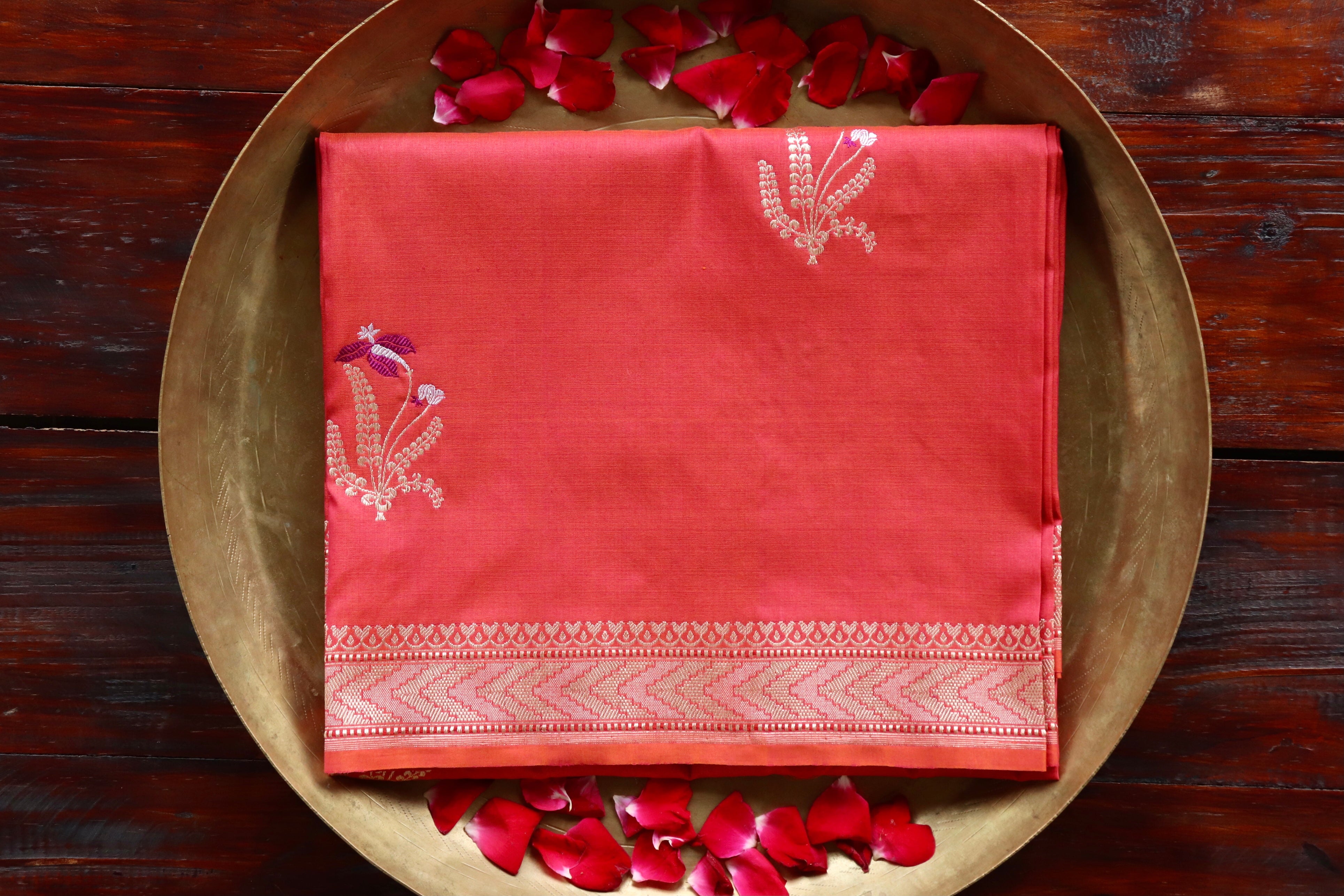 Rose Pink Leaf Motif Pure Silk Handloom Banarasi Dupatta