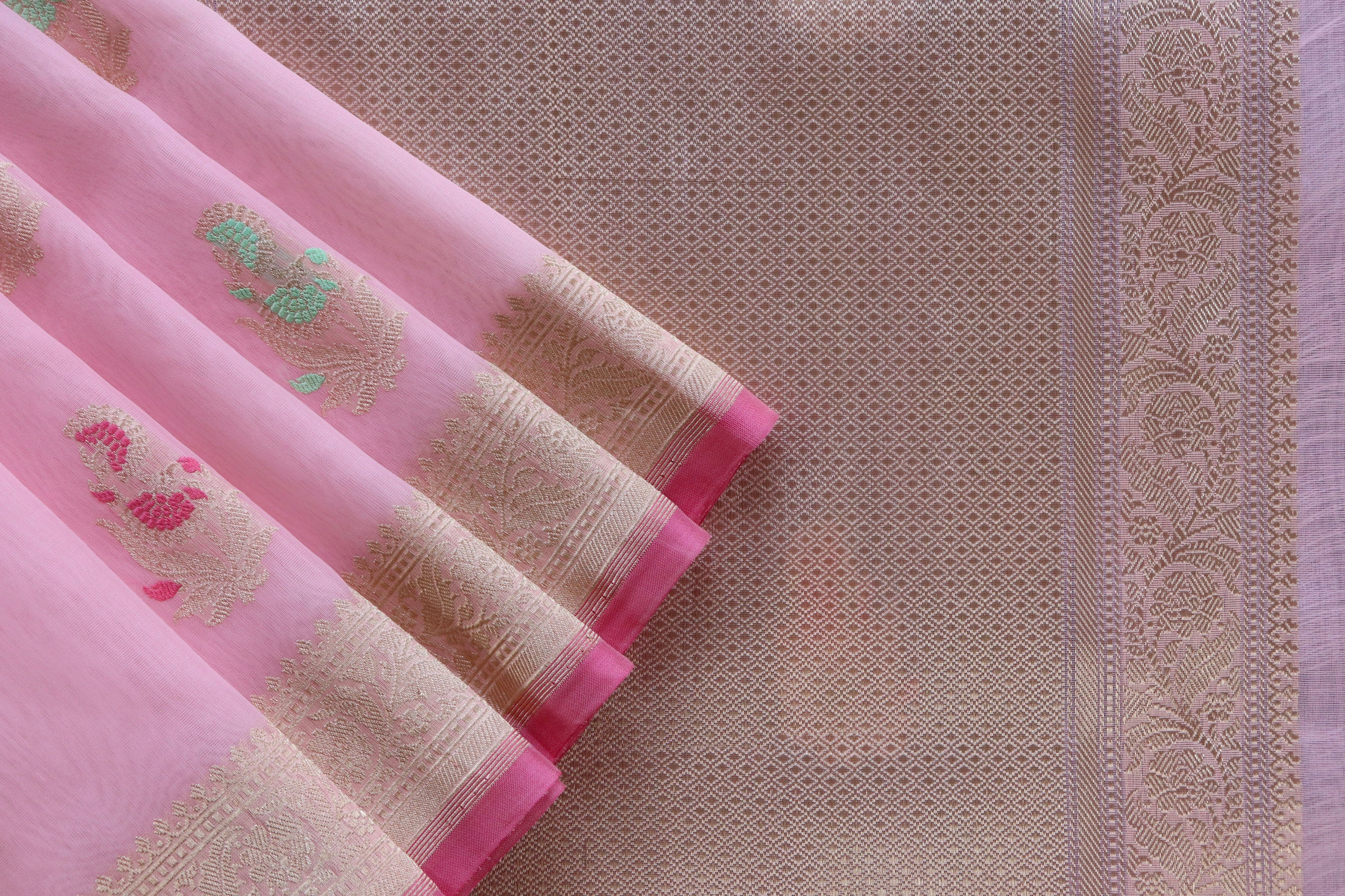 Baby Pink Guldasta Motif Pure Kora Silk Handloom Saree