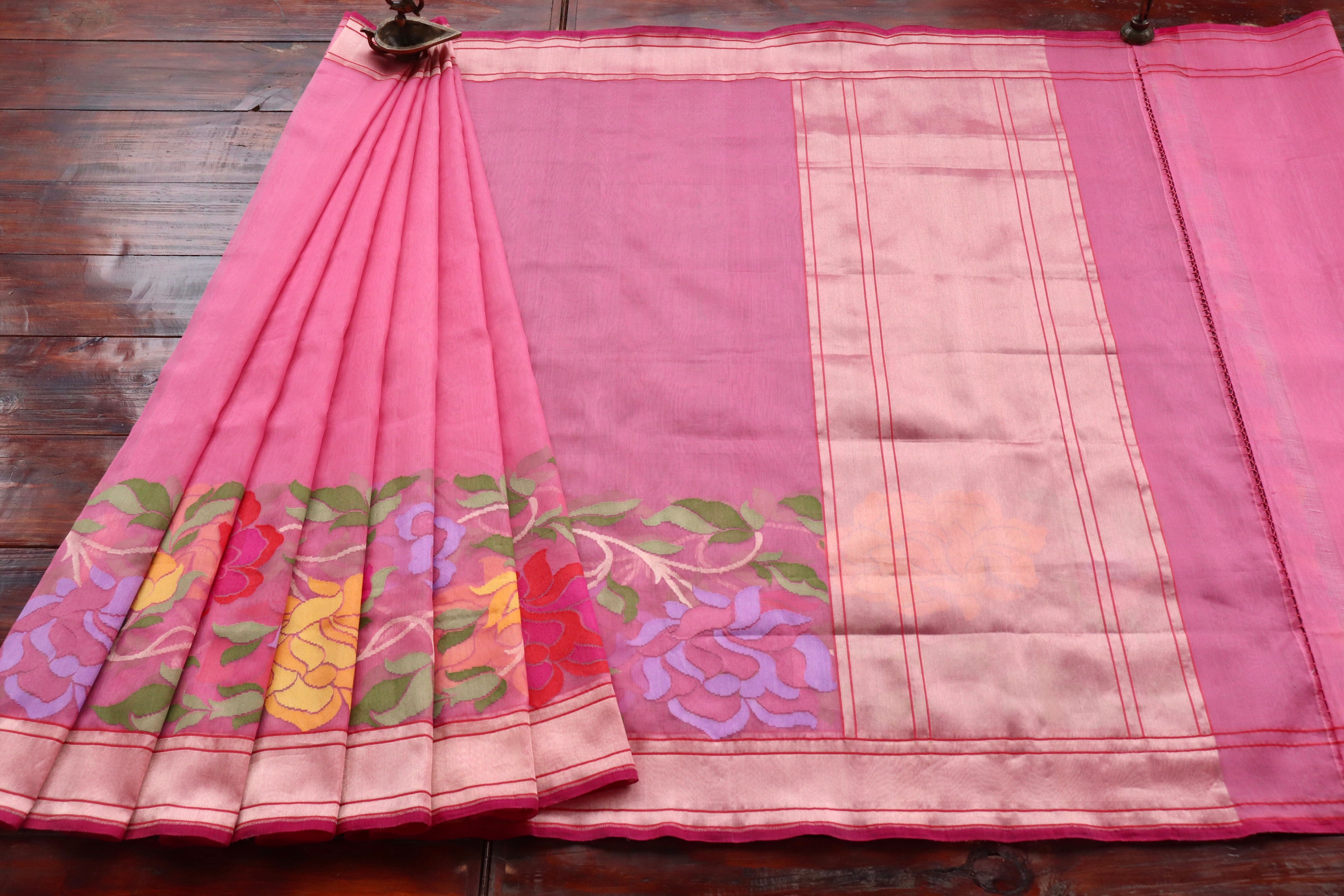 Pink Pure Kora Silk Handloom Banarasi Saree
