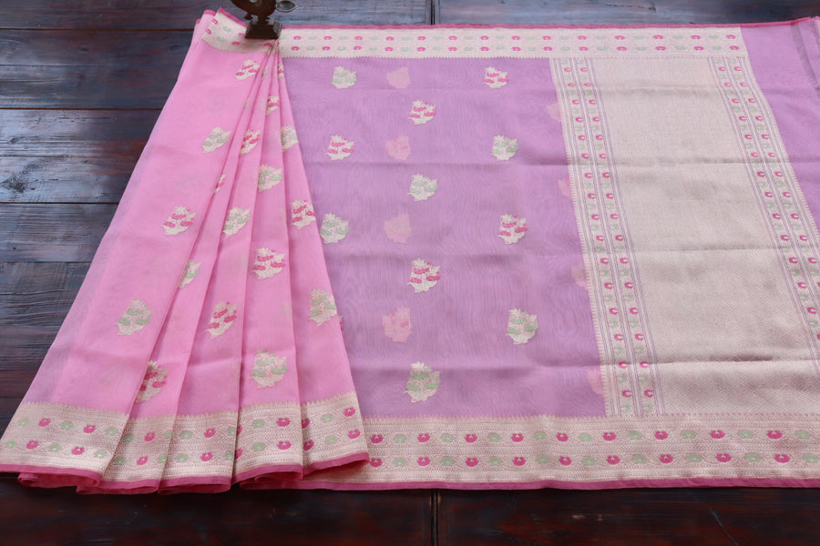Candy Pink Guldasta Kora Silk Handloom Saree | Stuti Weaves