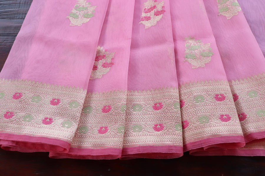 Candy Pink Guldasta Kora Silk Handloom Saree | Stuti Weaves