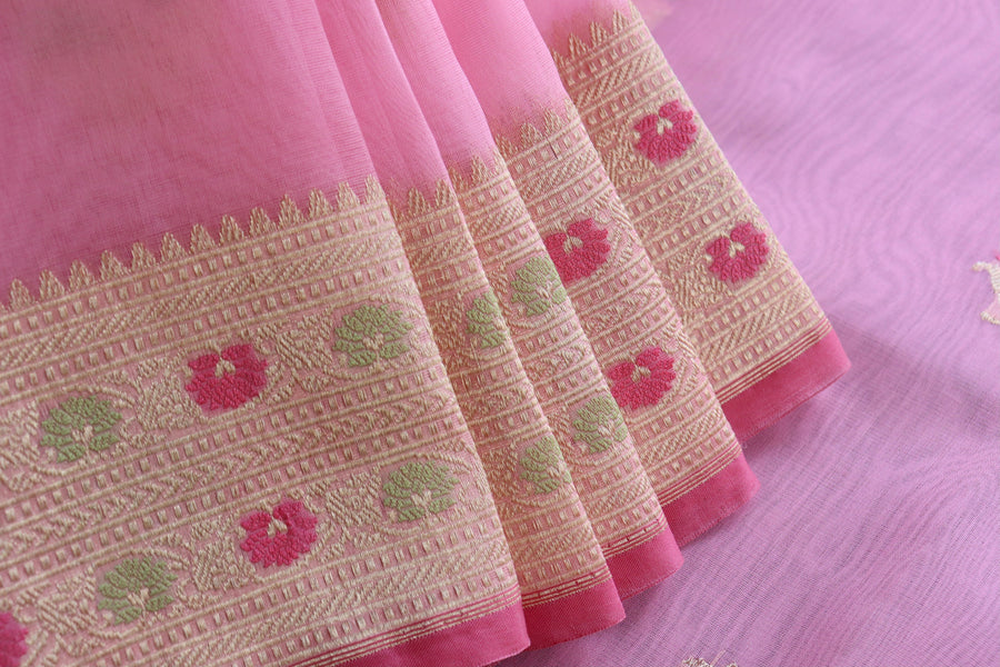 Candy Pink Guldasta Kora Silk Handloom Saree | Stuti Weaves