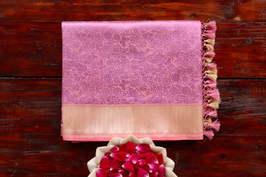 Pink handloom Banarsi saree with tanchoi motifs in silk