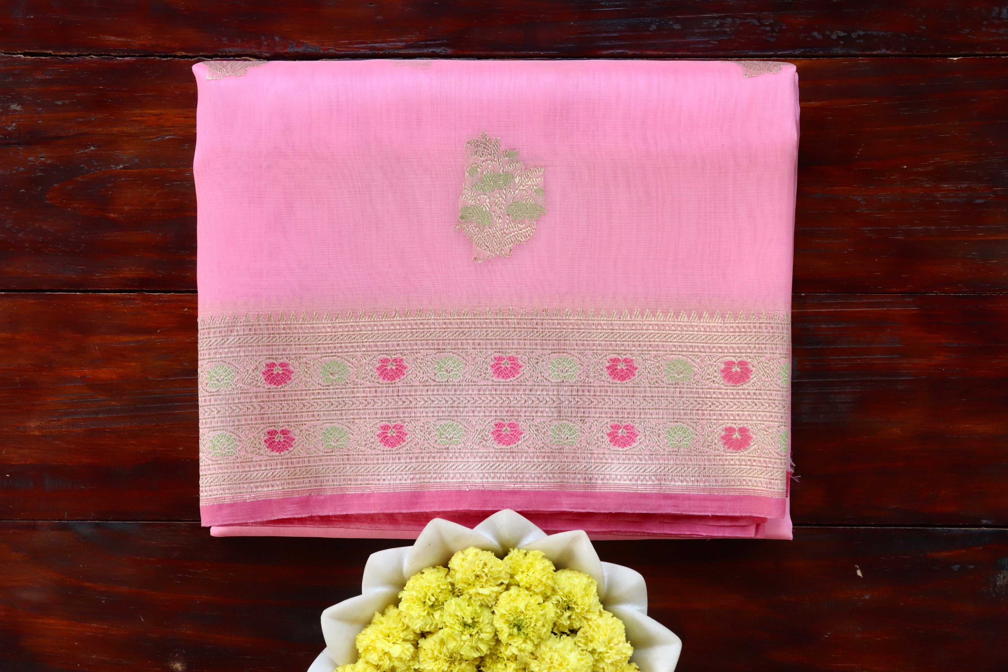 Candy Pink Guldasta Motif Pure Kora Silk Handloom Saree