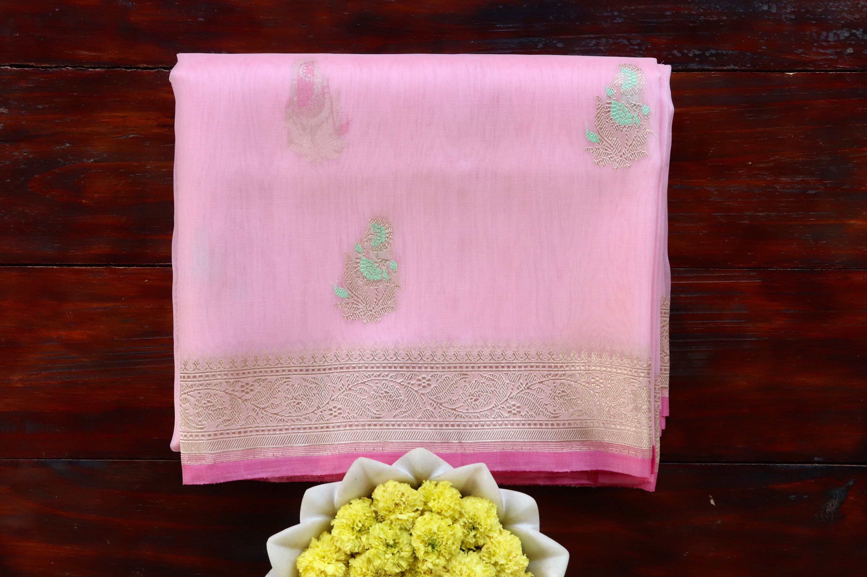Baby Pink Guldasta Motif Pure Kora Silk Handloom Saree