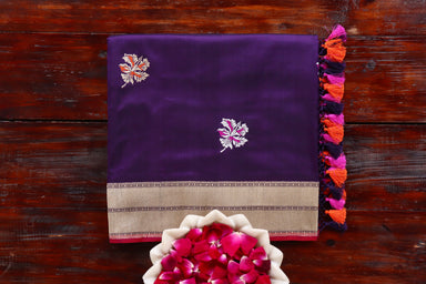 Purple handloom Banarsi saree with kadhua motifs in pure Katan silk