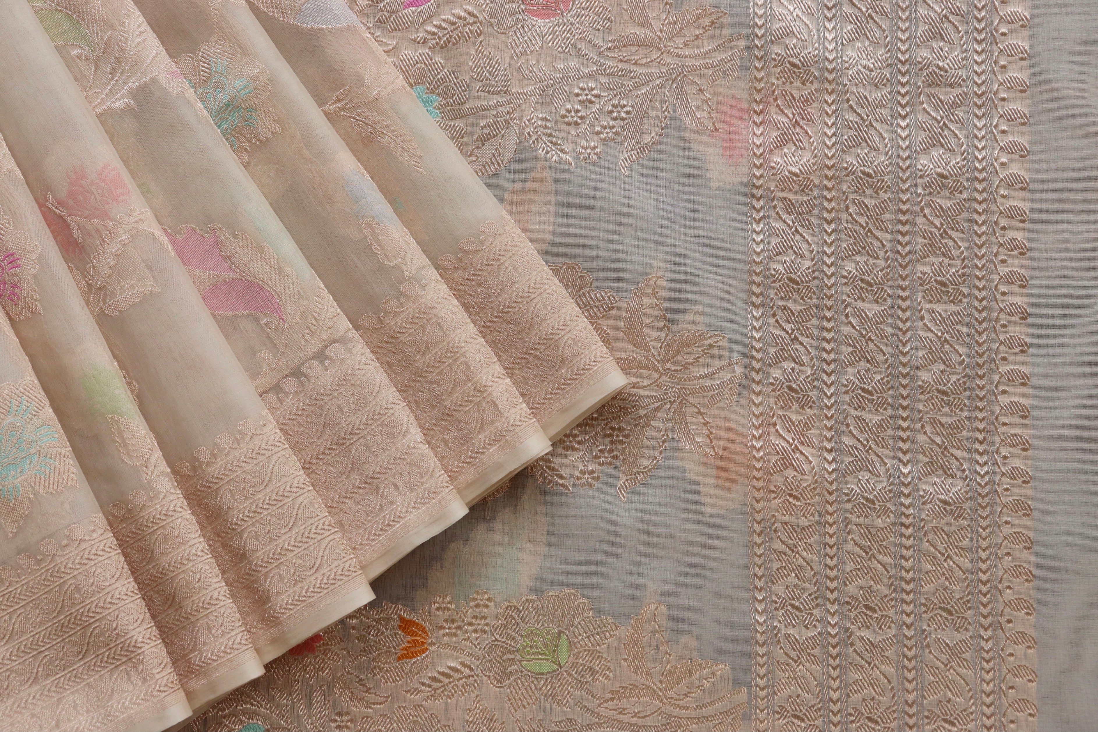 Ivory Kadhua Kora Jangla Handwoven Saree