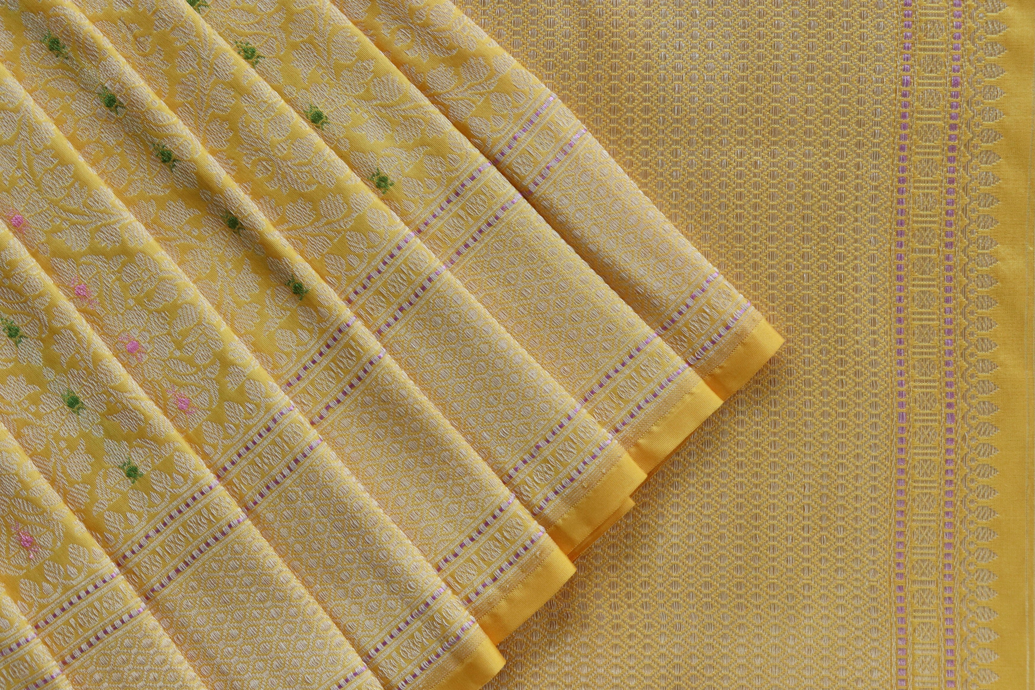 Yellow Meenadar Tanchoi Pure Silk Handloom Banarasi Saree