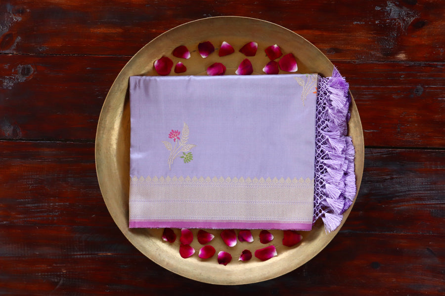 Lilac Leaf pure Katan silk Banarasi dupatta with thread-by-thread motifs.
