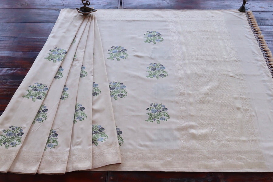 Cream Guldasta Motif Pure Katan Silk Handloom Saree