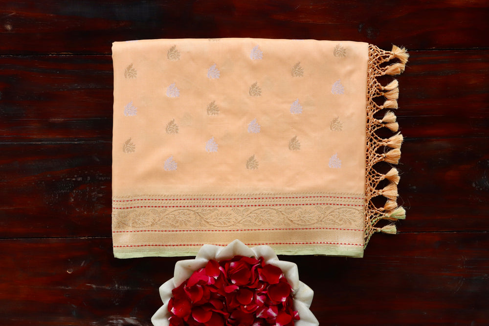 Peach handloom Banarsi saree with kadhua motifs in pure silk