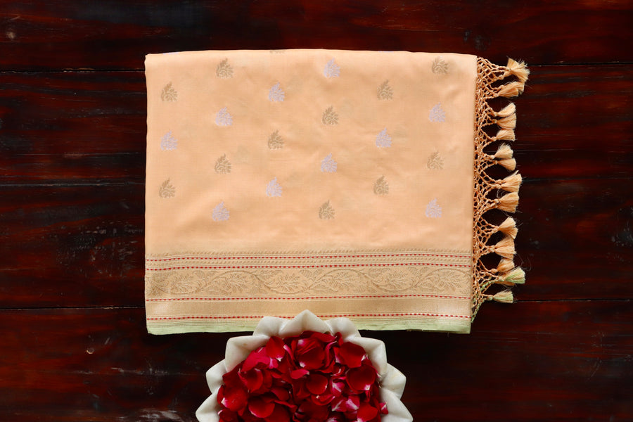 Peach handloom Banarsi saree with kadhua motifs in pure silk