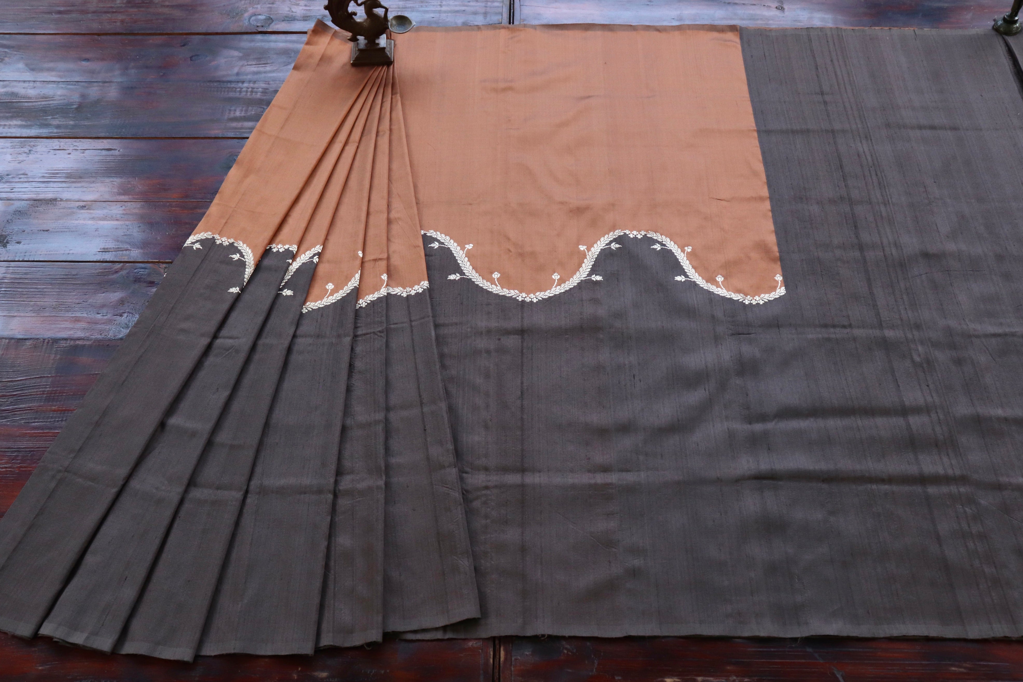 Tan & Black Tussar Pure Silk Handloom Banarasi Saree